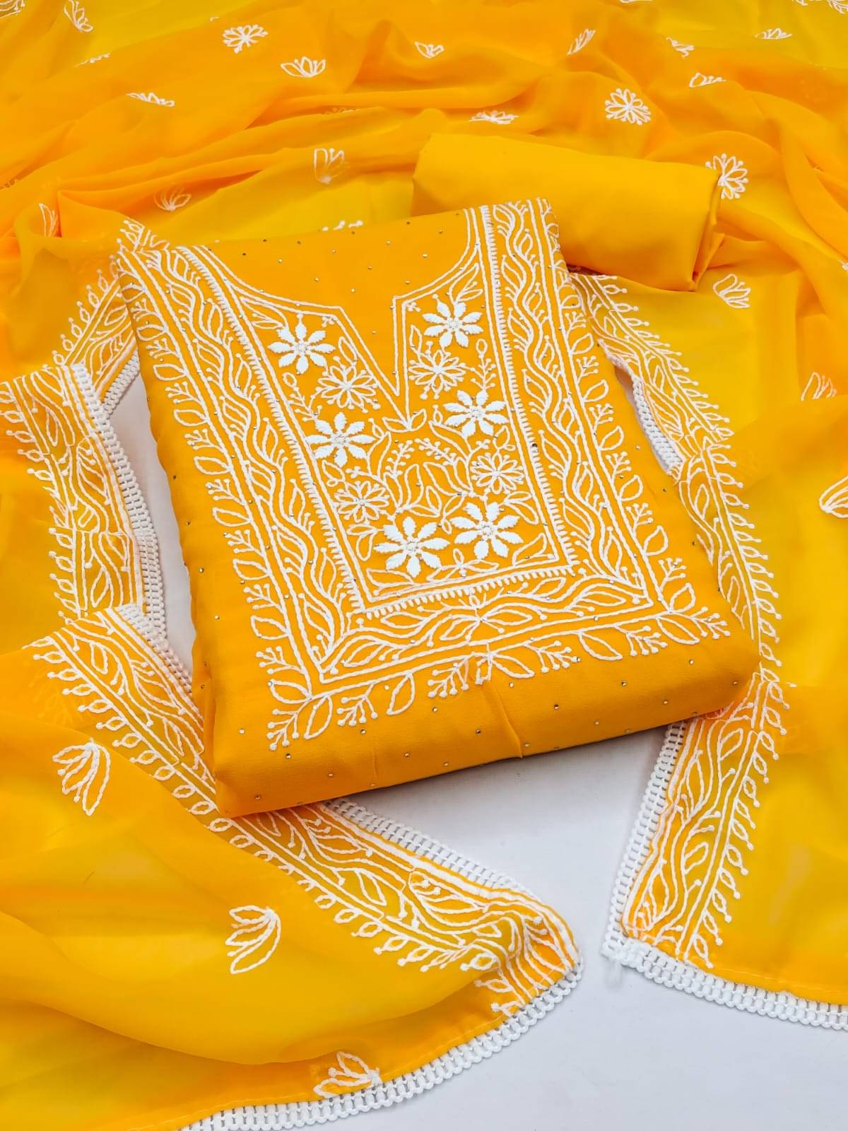 pandadi saree Unstitched Georgette Embroidered Dress Material - Yellow ( Pack of 1 ) pandadi saree Unstitched Georgette Embroidered Dress Material - Yellow ( Pack of 1 )