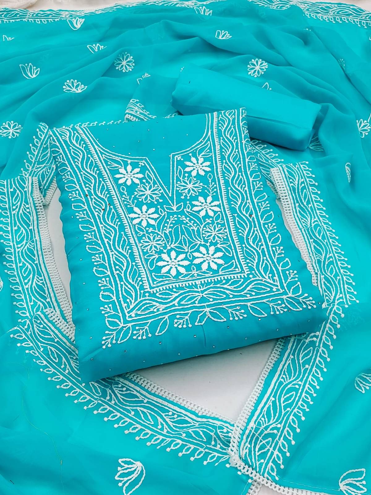 pandadi saree Unstitched Georgette Embroidered Dress Material - Blue ( Pack of 1 ) pandadi saree Unstitched Georgette Embroidered Dress Material - Blue ( Pack of 1 )
