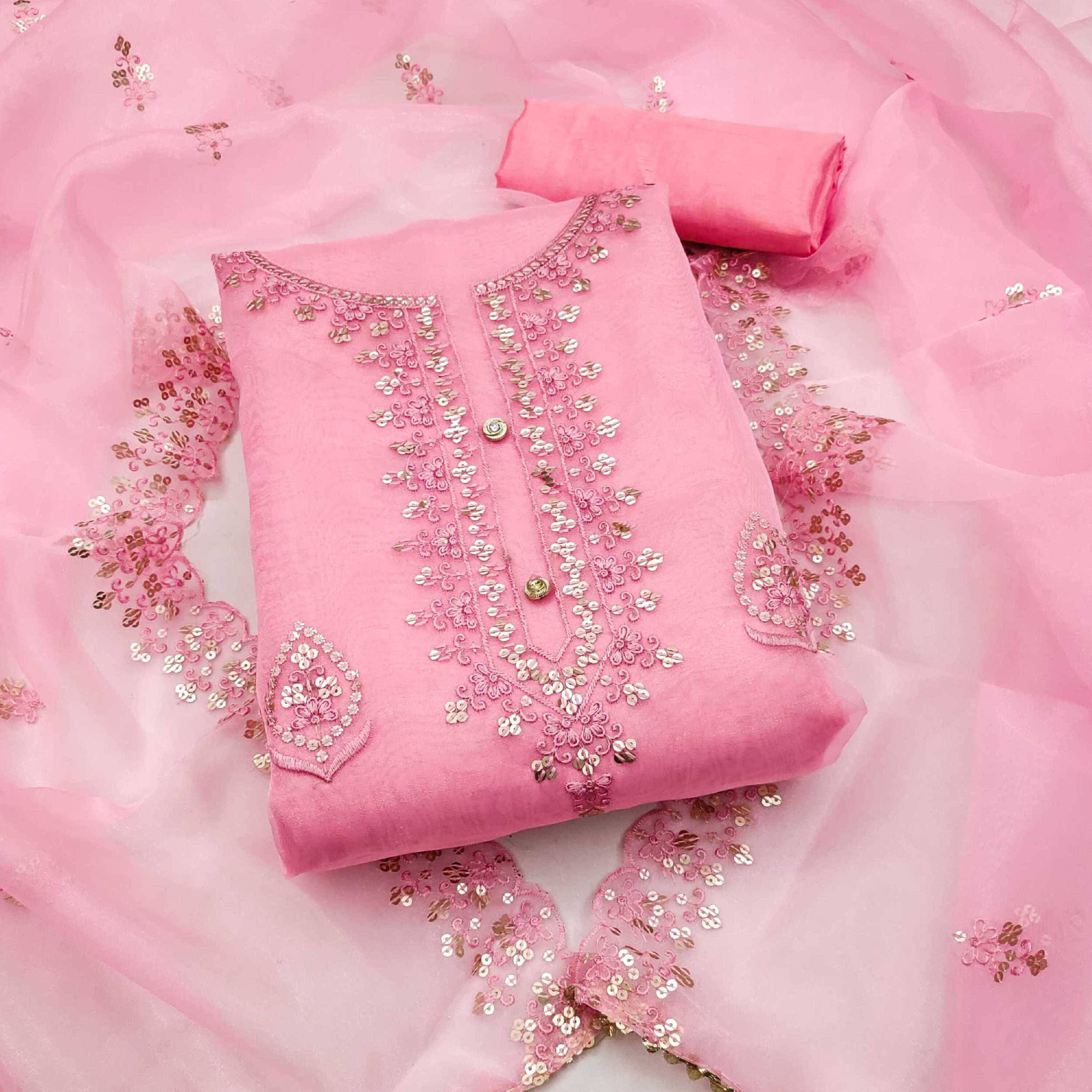     			pandadi saree Unstitched Organza Embroidered Dress Material - Pink ( Pack of 1 )