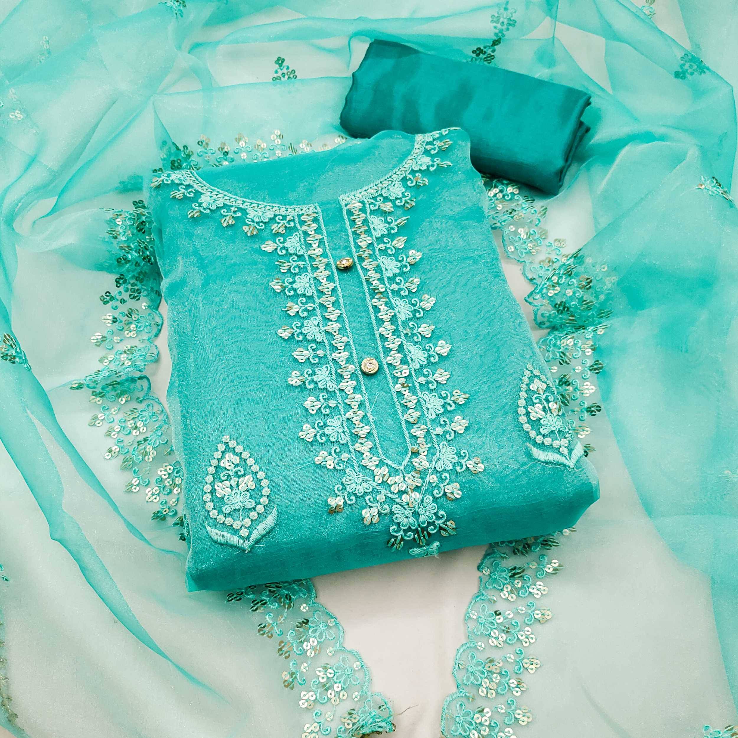 pandadi saree Unstitched Organza Embroidered Dress Material - Blue ( Pack of 1 ) pandadi saree Unstitched Organza Embroidered Dress Material - Blue ( Pack of 1 )