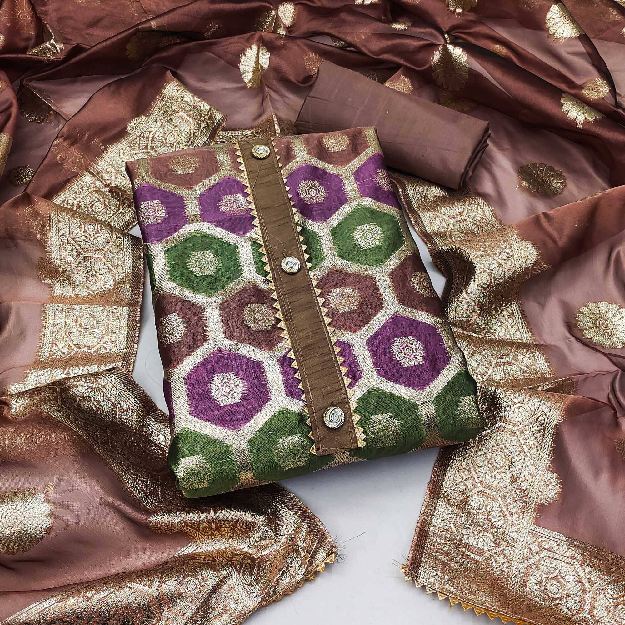     			pandadi saree Unstitched Organza Printed Dress Material - Brown ( Pack of 1 )