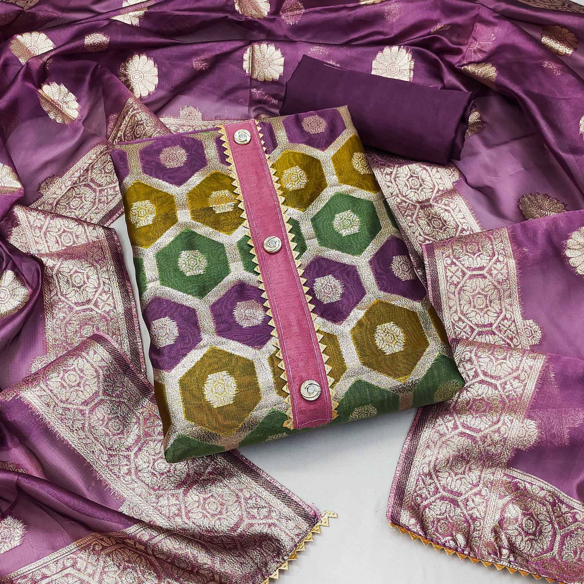 pandadi saree Unstitched Organza Printed Dress Material - Purple ( Pack of 1 ) pandadi saree Unstitched Organza Printed Dress Material - Purple ( Pack of 1 )