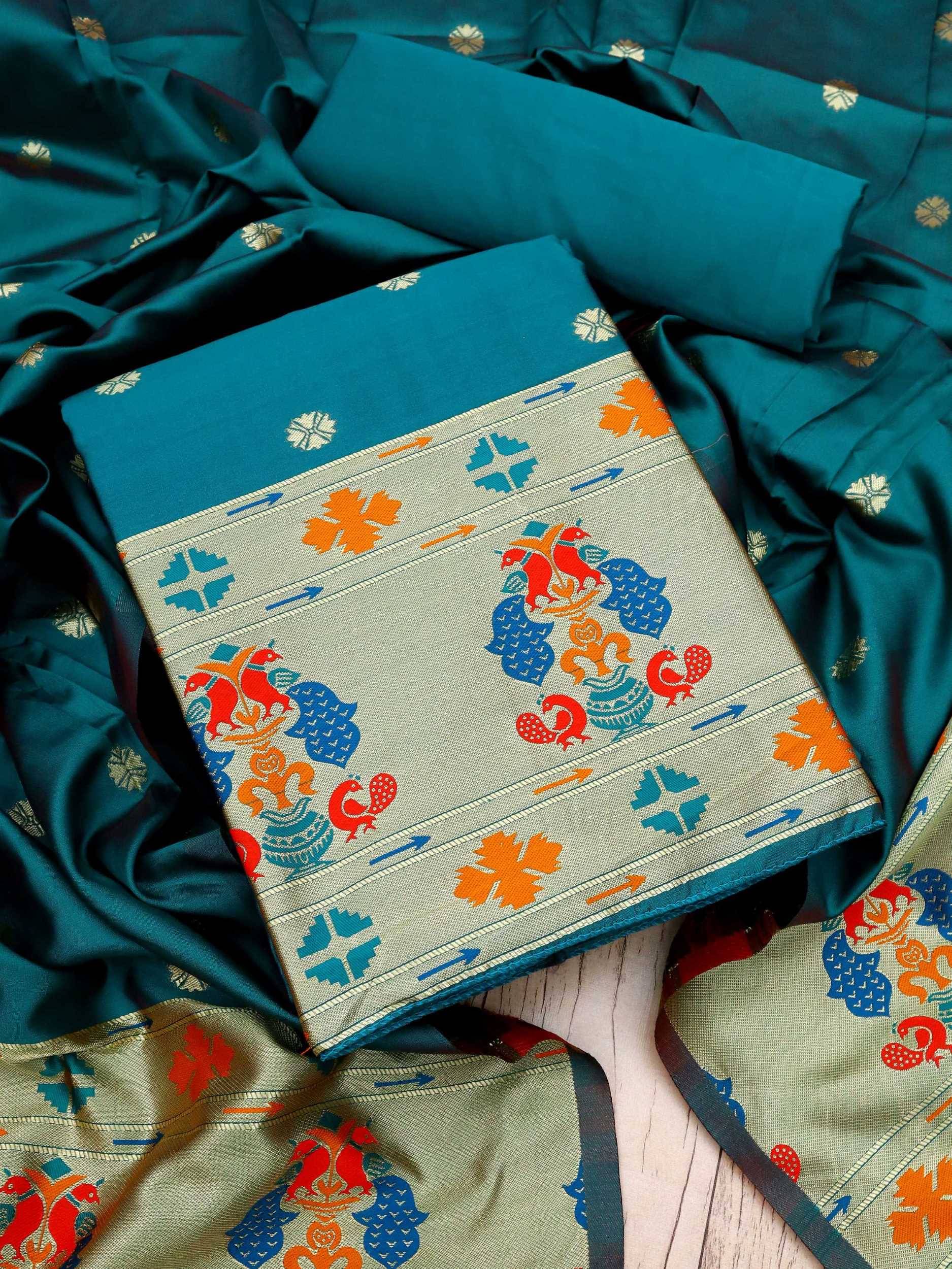 pandadi saree Unstitched Silk Printed Dress Material - Teal ( Pack of 1 )     			pandadi saree Unstitched Silk Printed Dress Material - Teal ( Pack of 1 )
