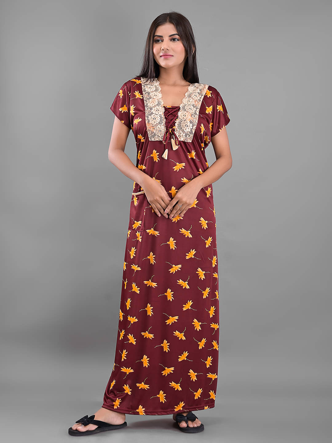     			rajeraj Maroon Satin Women's Nightwear Nighty & Night Gowns ( Pack of 1 )