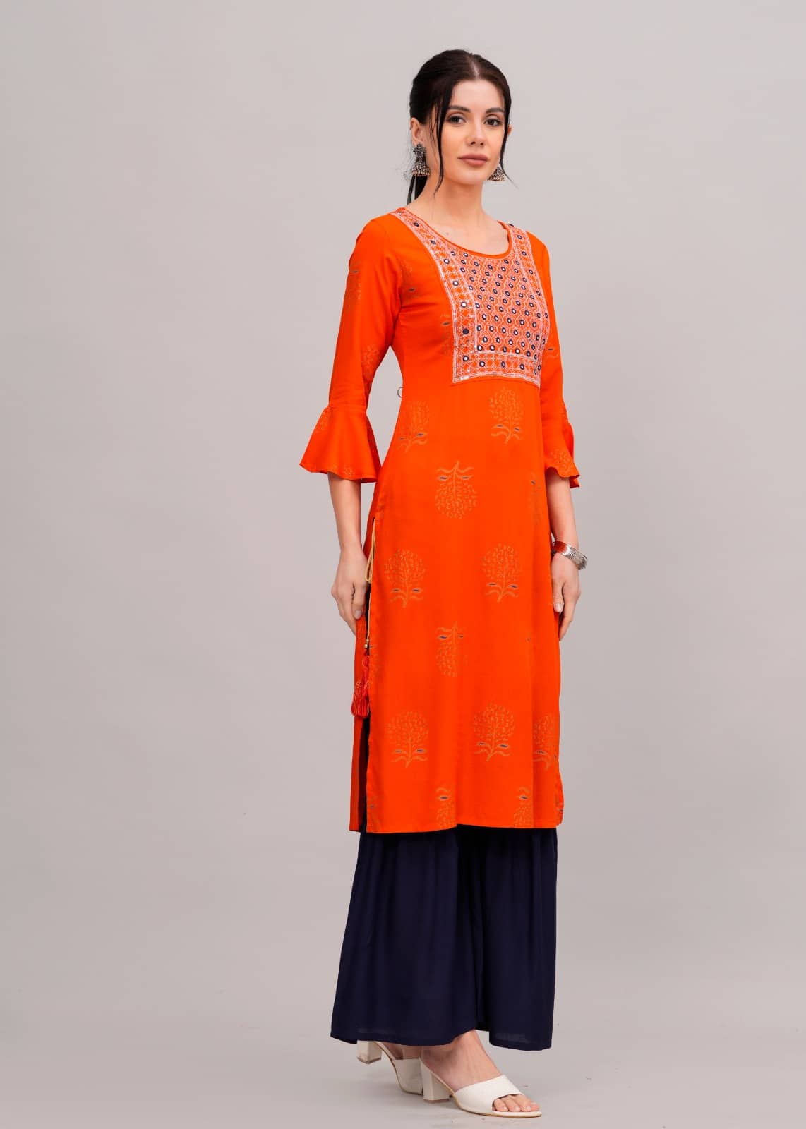 MAUKA Rayon Embroidered Kurti With Sharara And Gharara Women's Stitched Salwar Suit - Orange ( Pack of 1 )