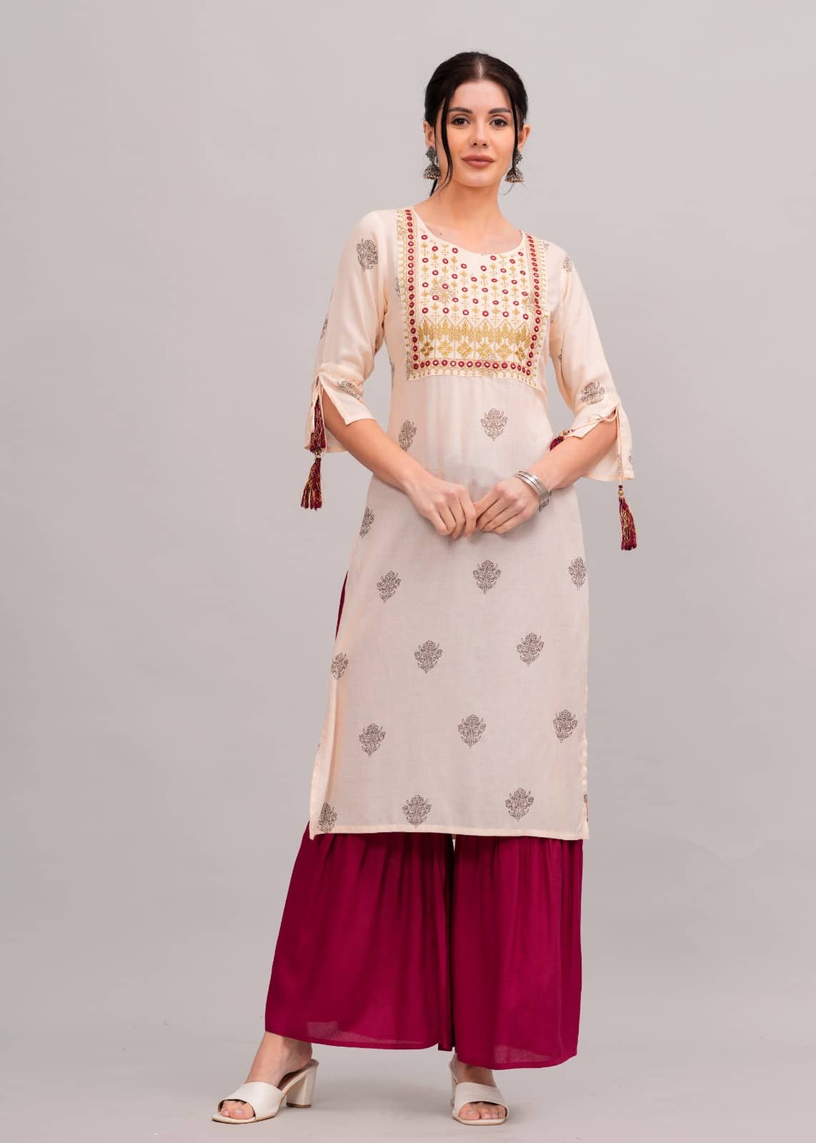 MAUKA Rayon Printed Kurti With Sharara And Gharara Women's Stitched Salwar Suit - Cream ( Pack of 1 )