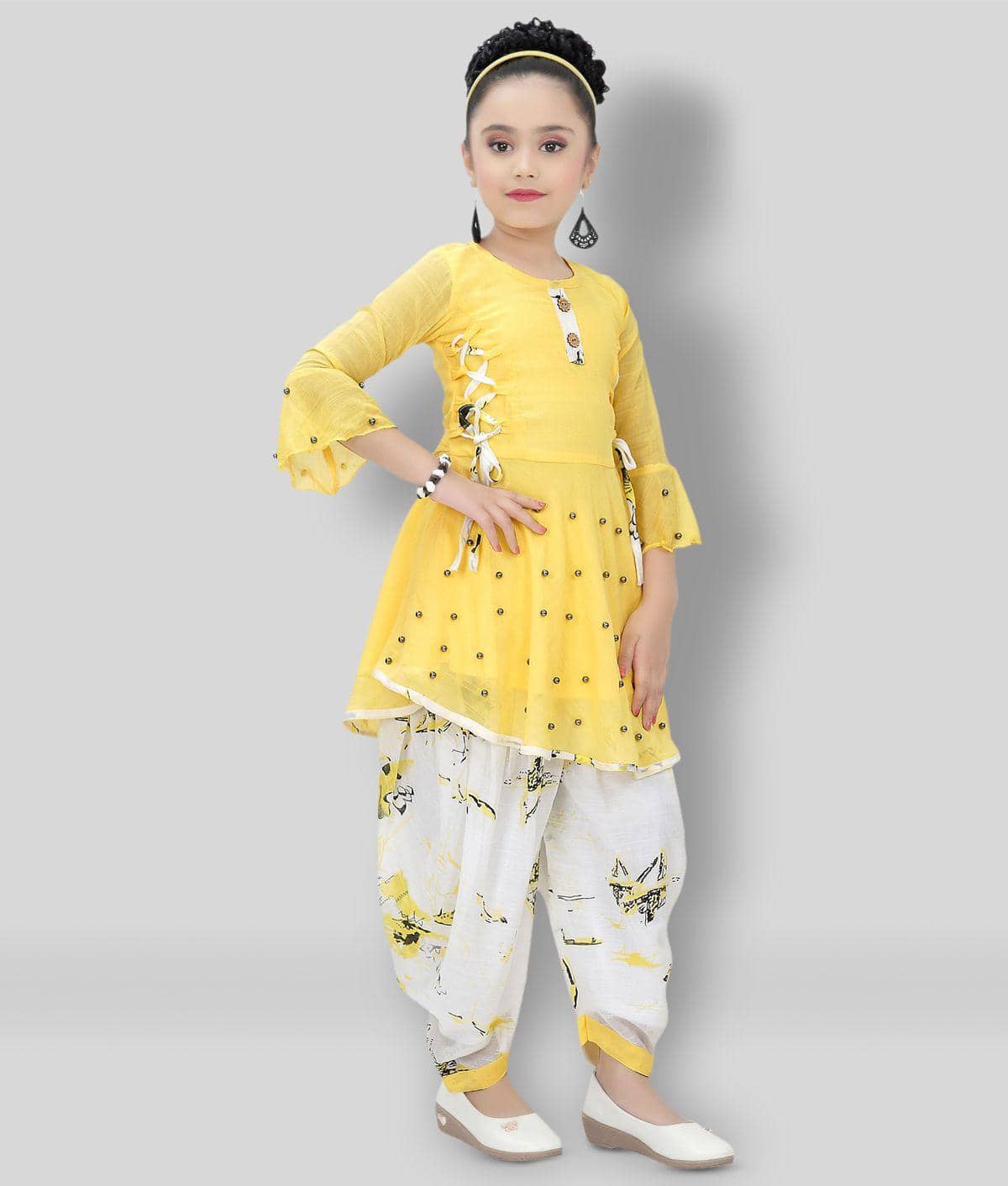 Cherry Tree Girls Cotton Blend Patiala Kurta Set ( Pack of 1 , Yellow )