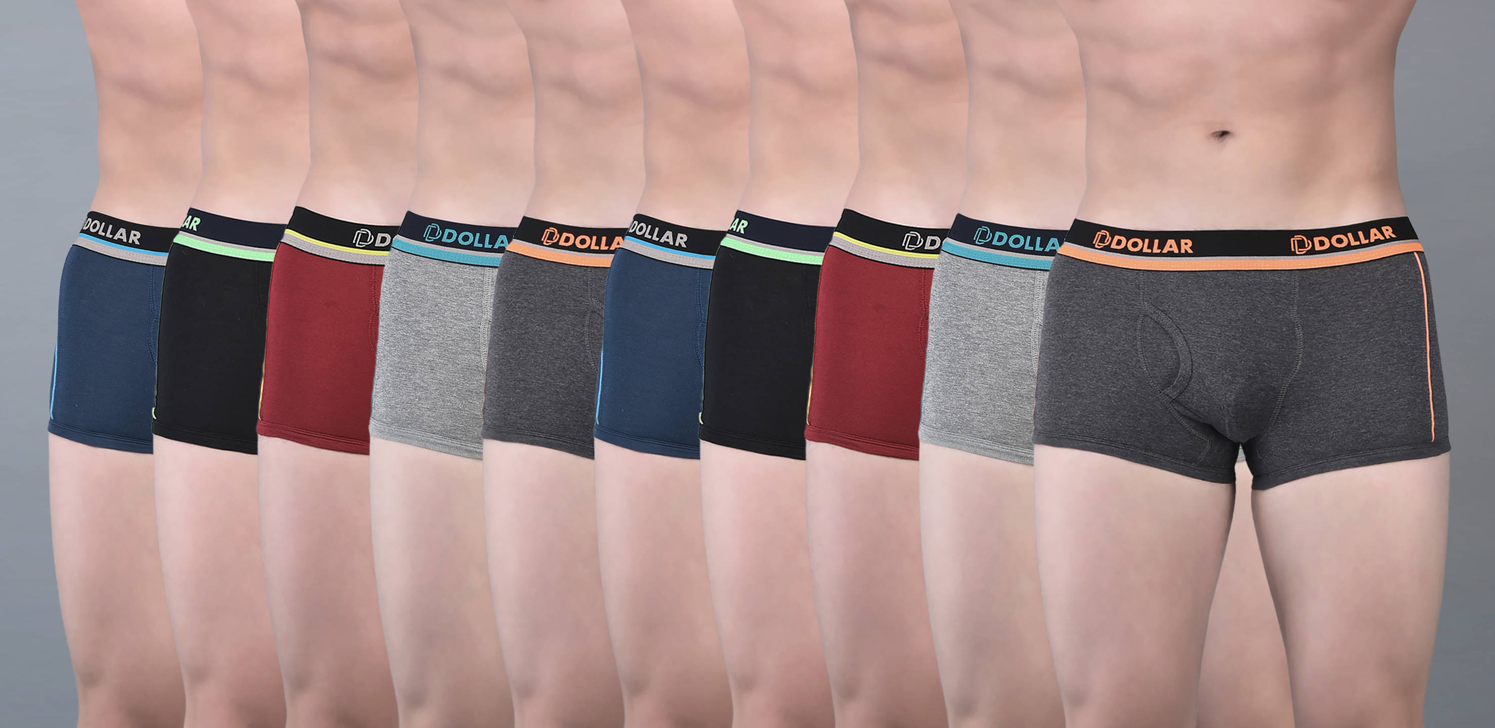 Dollar Bigboss Men's Pack of 10 Combed Cotton Solid Trunk With Illuminating Waistband Logo (Colour May Vary) Dollar Bigboss Men's Pack of 10 Combed Cotton Solid Trunk With Illuminating Waistband Logo (Colour May Vary)