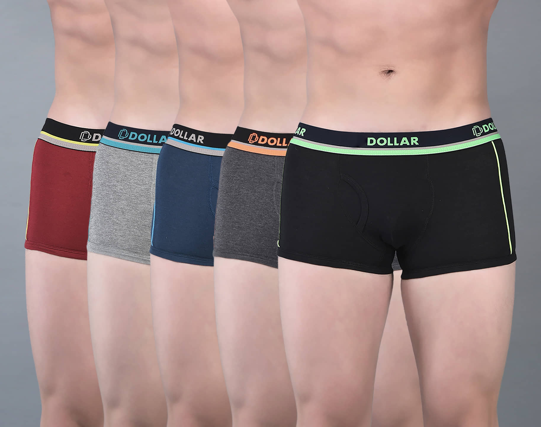 Dollar Bigboss Men's Pack of 5 Combed Cotton Solid Trunk With Illuminating Waistband Logo (Colour May Vary)