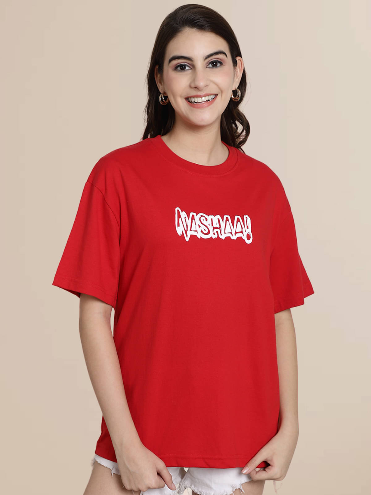    			Fabflee Women Cotton Printed Oversized Fit Round Neck T-Shirt ( Red )