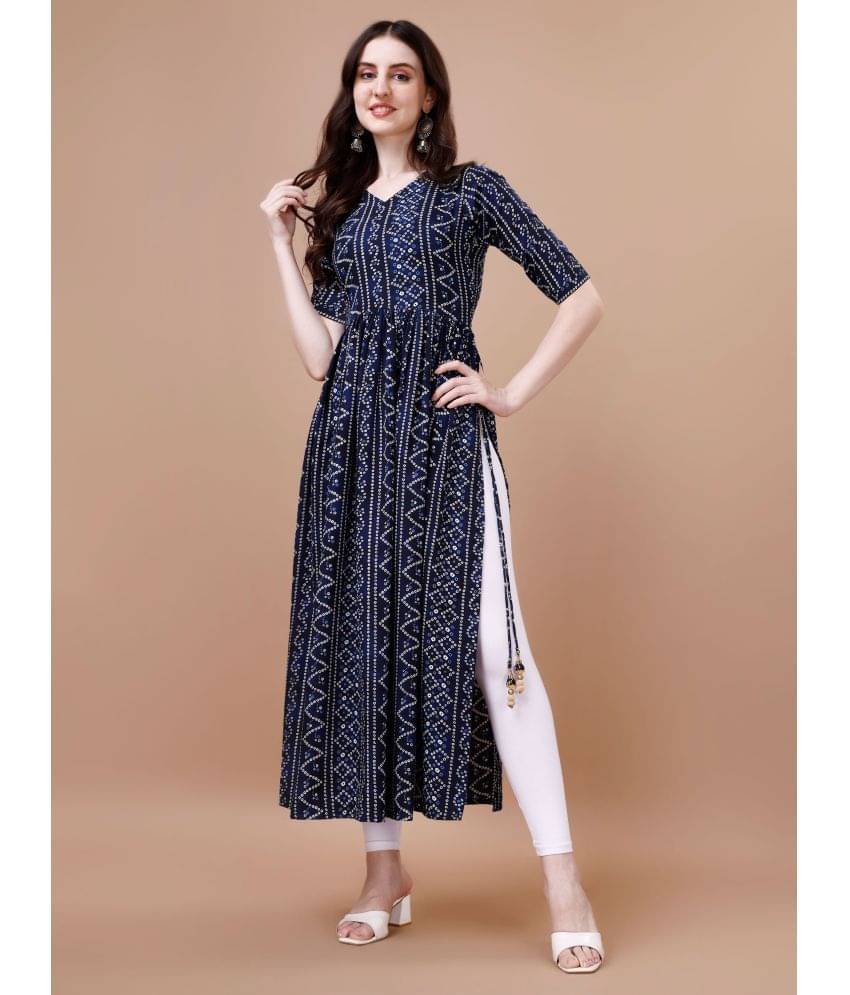 Glomee Rayon Printed Nayra Women's Kurti - Navy Blue ( Pack of 1 ) Glomee Rayon Printed Nayra Women's Kurti - Navy Blue ( Pack of 1 )