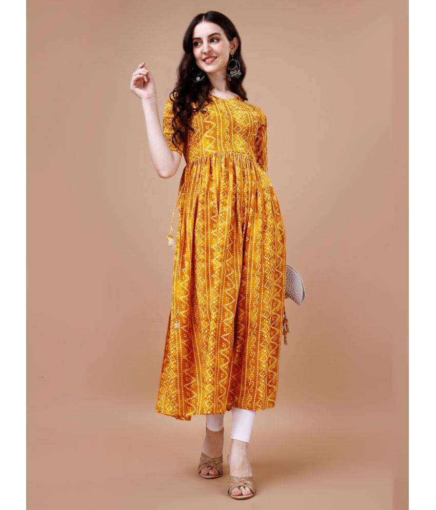     			Glomee Rayon Printed Nayra Women's Kurti - Yellow ( Pack of 1 )