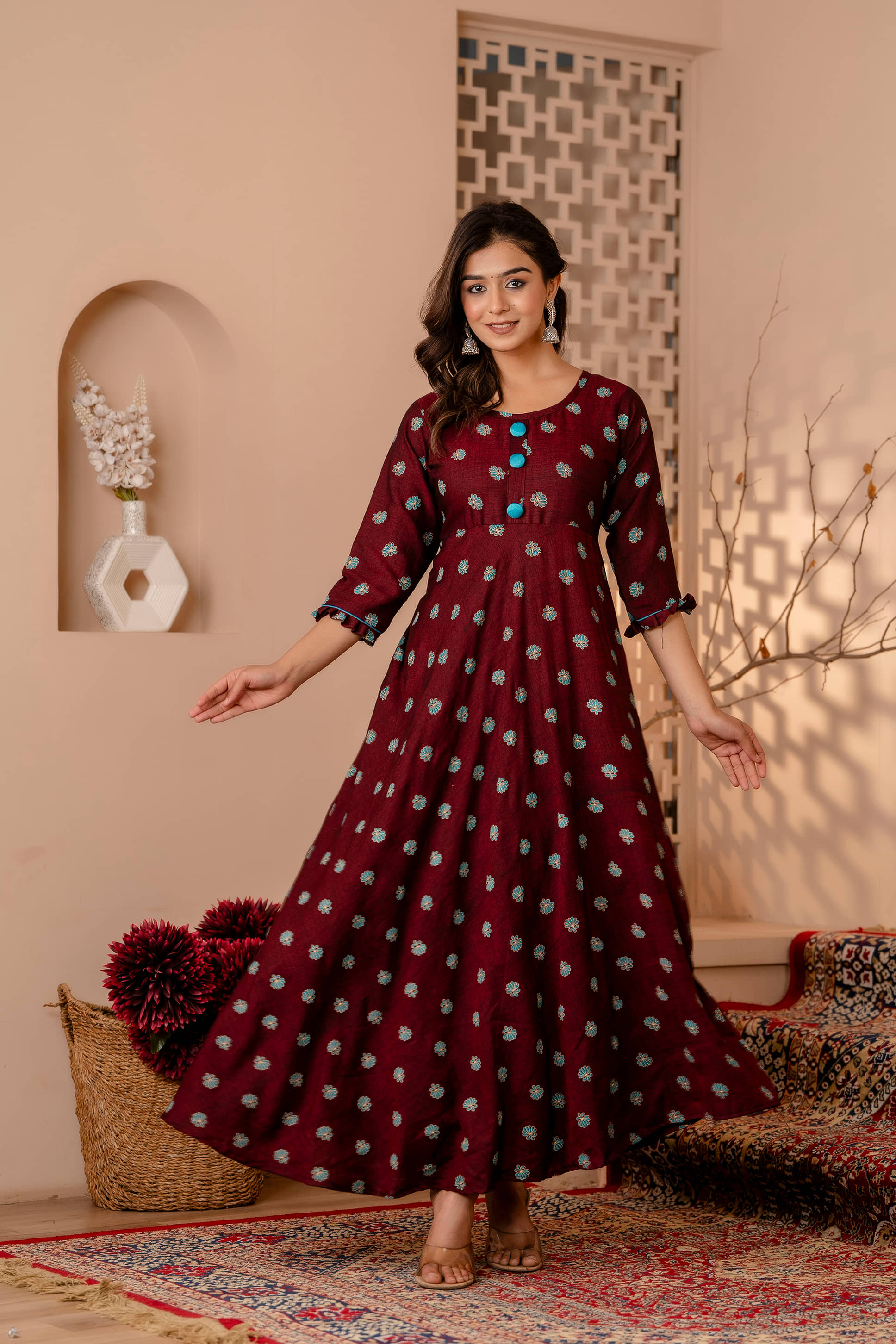 Kapadia Rayon Printed Anarkali Women's Kurti - Maroon ( Pack of 1 ) - Kurtis, Tunics | Buy online on ZillyBuy