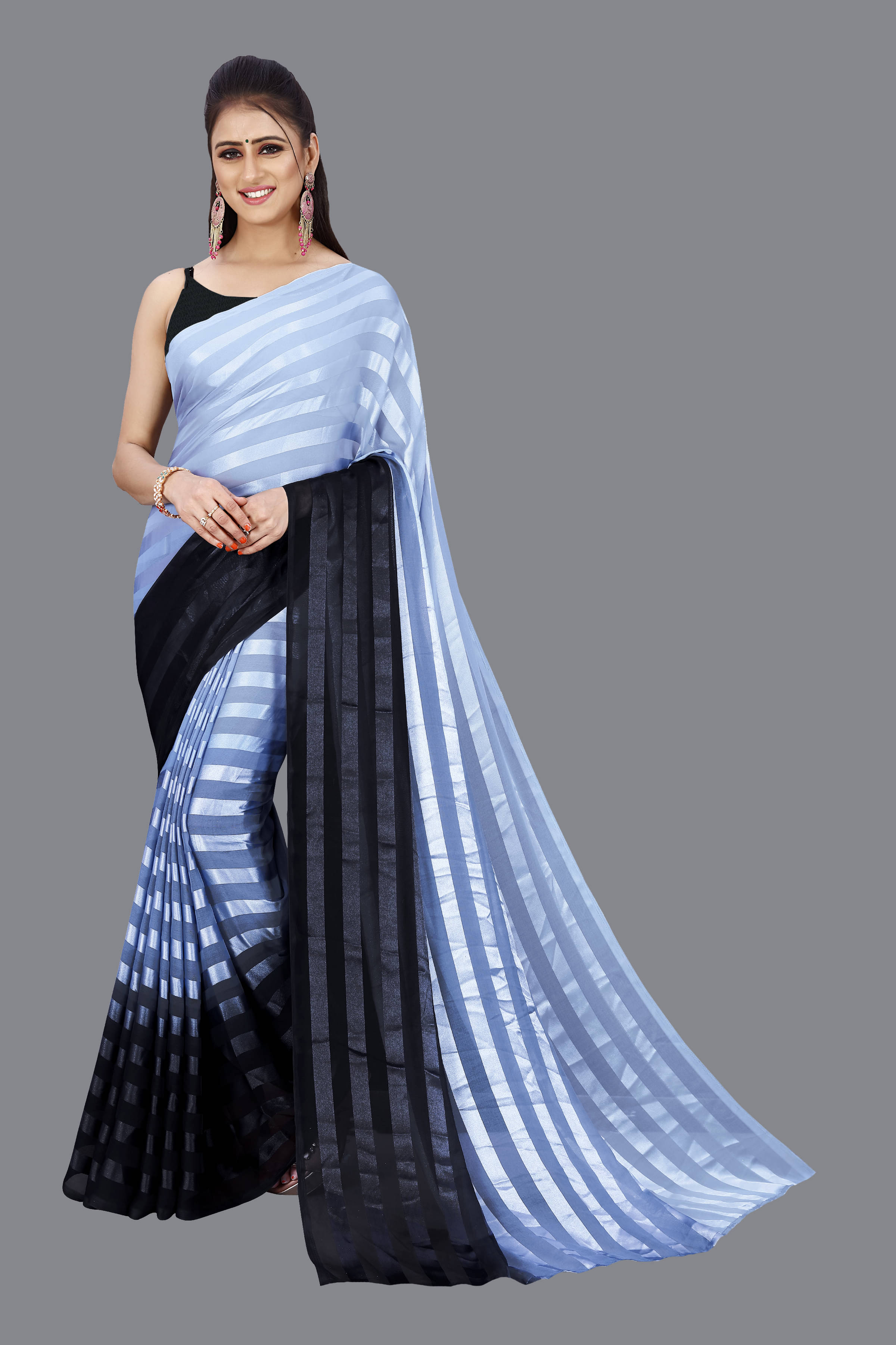 Kashvi Sarees Satin Striped Saree Without Blouse Piece ( Blue )     			Kashvi Sarees Satin Striped Saree Without Blouse Piece ( Blue )
