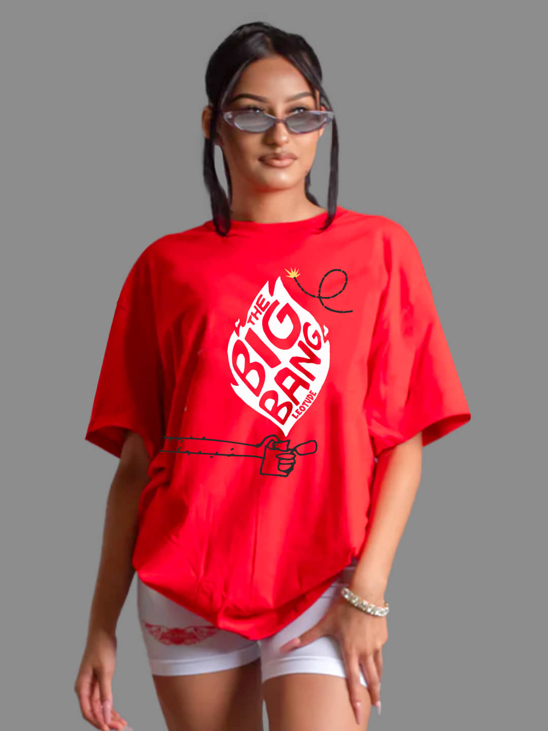 Leotude Women Cotton Blend Printed Oversized Fit Round Neck T-Shirt ( Red )