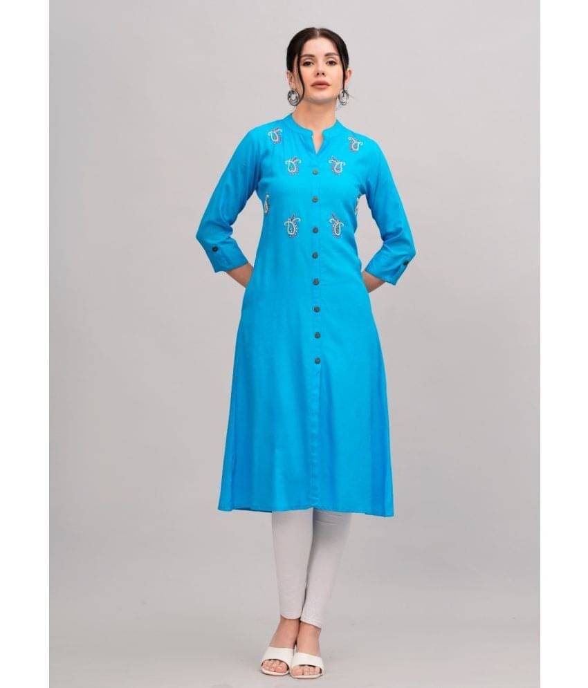 MAUKA Rayon Embellished Front Slit Women's Kurti - Blue ( Pack of 1 ) MAUKA Rayon Embellished Front Slit Women's Kurti - Blue ( Pack of 1 )