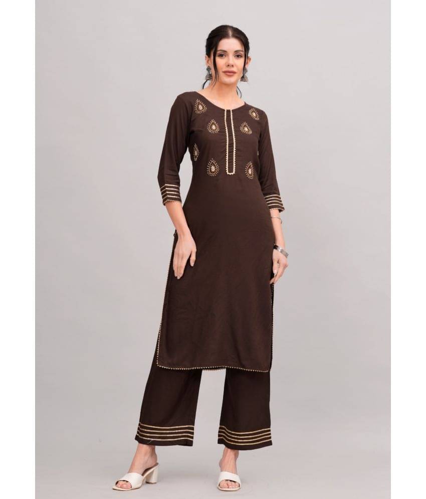     			MAUKA Rayon Embellished Kurti With Palazzo Women's Stitched Salwar Suit - Brown ( Pack of 1 )