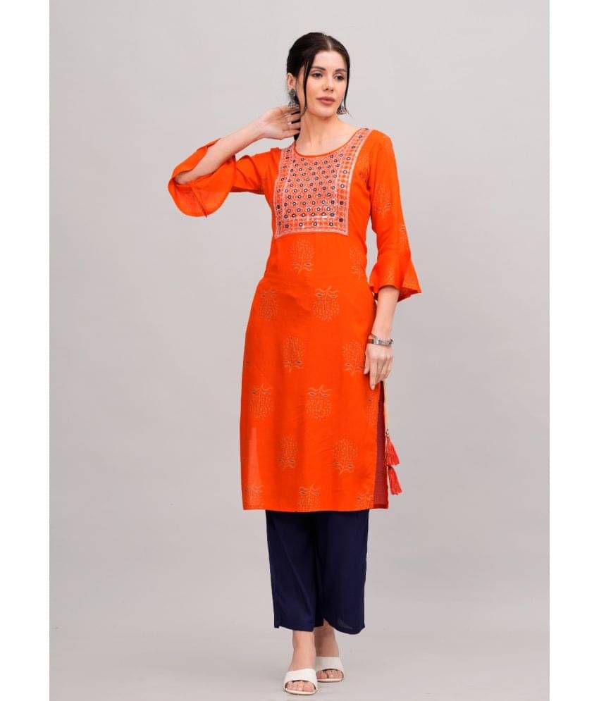 MAUKA Rayon Embroidered Kurti With Palazzo Women's Stitched Salwar Suit - Orange ( Pack of 1 ) MAUKA Rayon Embroidered Kurti With Palazzo Women's Stitched Salwar Suit - Orange ( Pack of 1 )