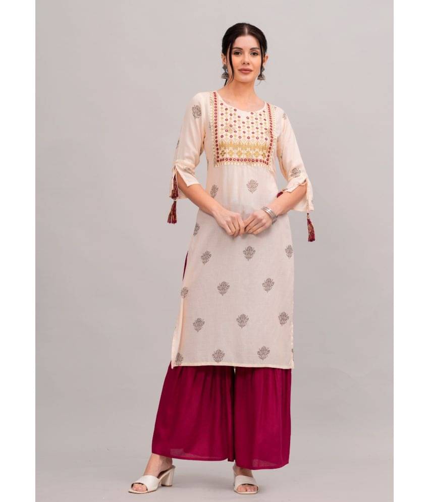     			MAUKA Rayon Embroidered Kurti With Sharara And Gharara Women's Stitched Salwar Suit - Cream ( Pack of 1 )