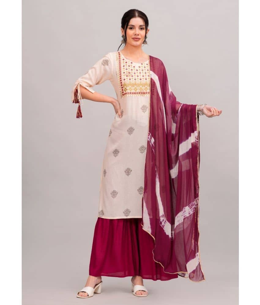 MAUKA Rayon Embroidered Kurti With Sharara And Gharara Women's Stitched Salwar Suit - Cream ( Pack of 1 )