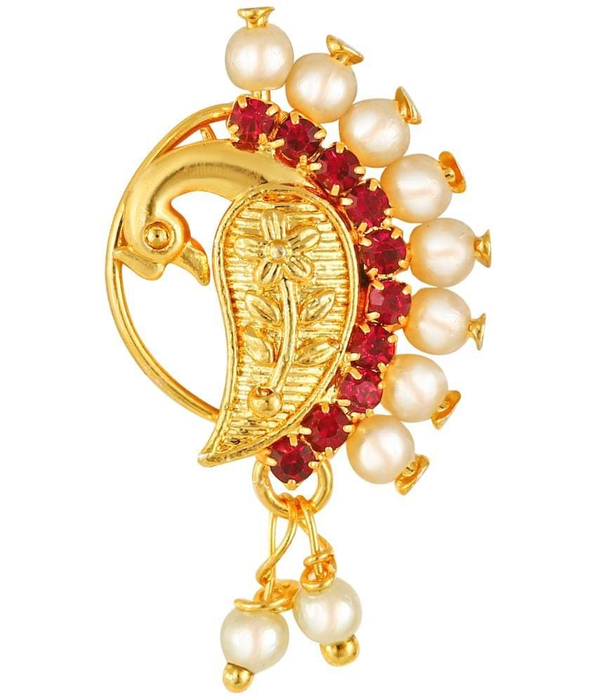     			Vivastri Gold Plated Red Stone with Peals Alloy Maharashtrian Nath Nathiya./ Nose Pin for Women &Girls VIVA1006NTH-Press