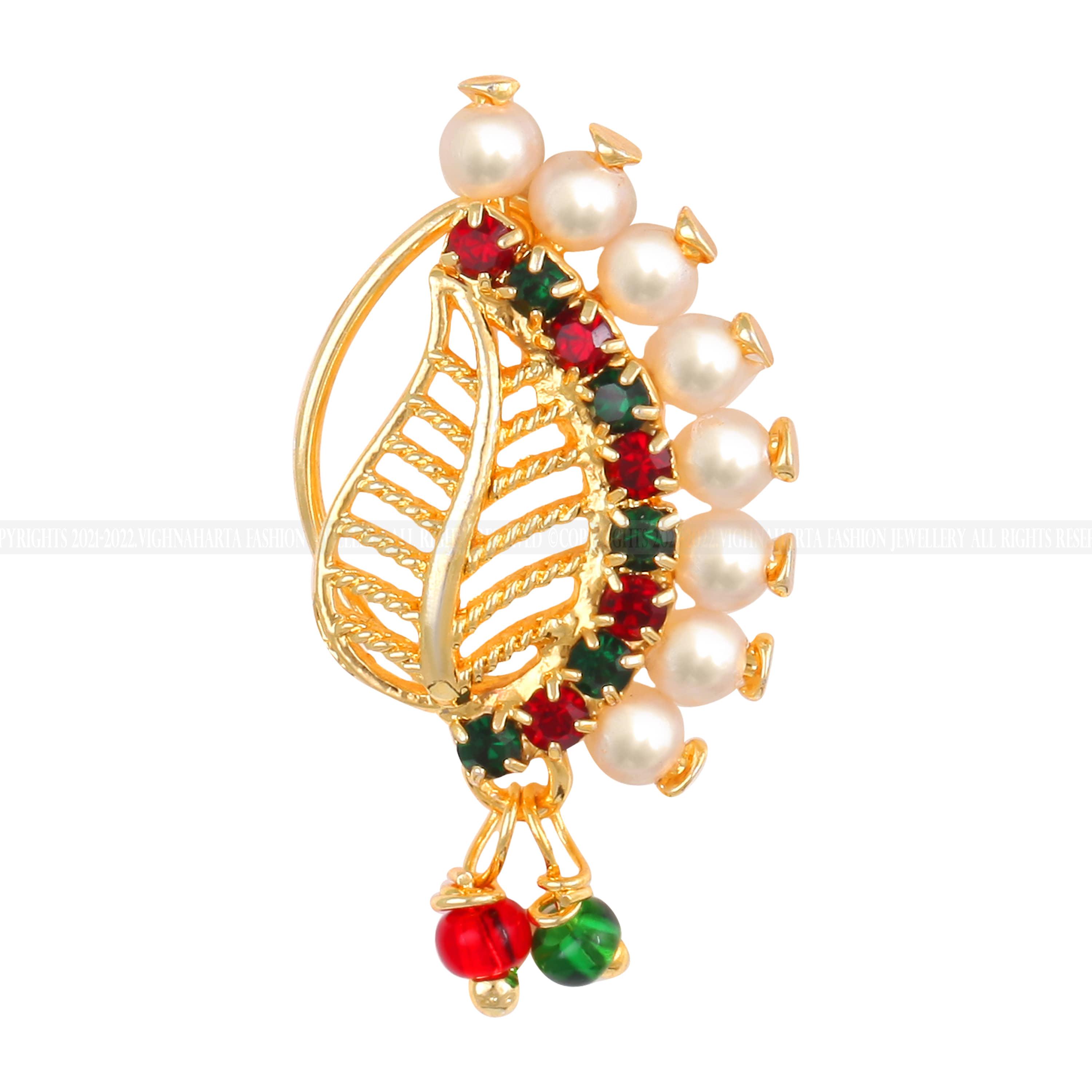 Vivastri Gold Plated Red Stone with Peals Alloy Maharashtrian Nath Nathiya./ Nose Pin for Women &Girls VIVA1016NTH-Press
