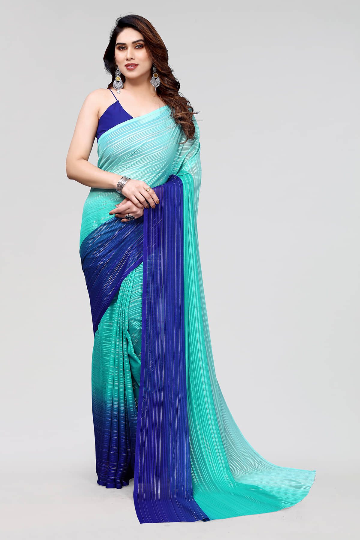 ANAND SAREES Satin Striped Saree With Unstitched Blouse Piece ( Grey ) - Sarees | Buy online on ZillyBuy