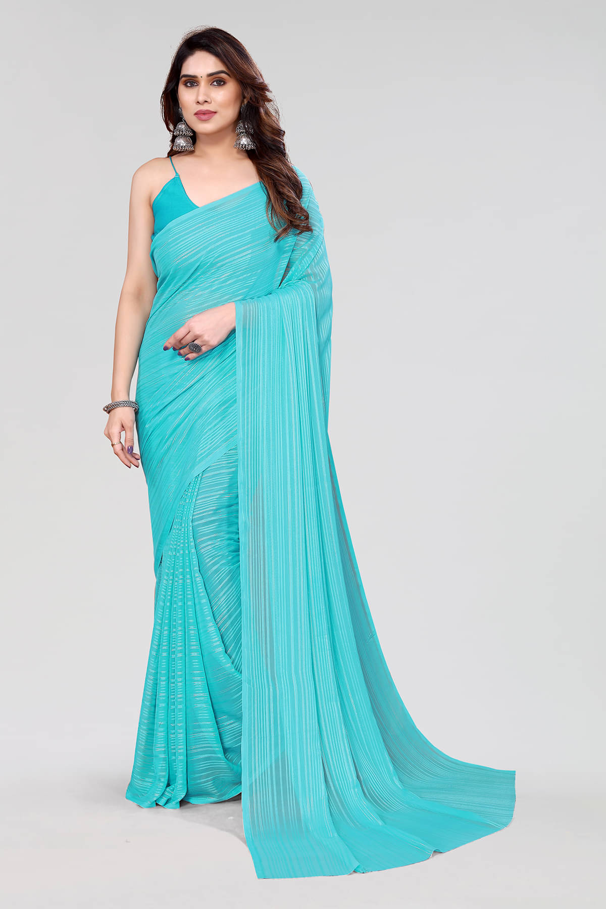 ANAND SAREES Satin Striped Saree With Unstitched Blouse Piece ( Light Blue ) ANAND SAREES Satin Striped Saree With Unstitched Blouse Piece ( Light Blue )