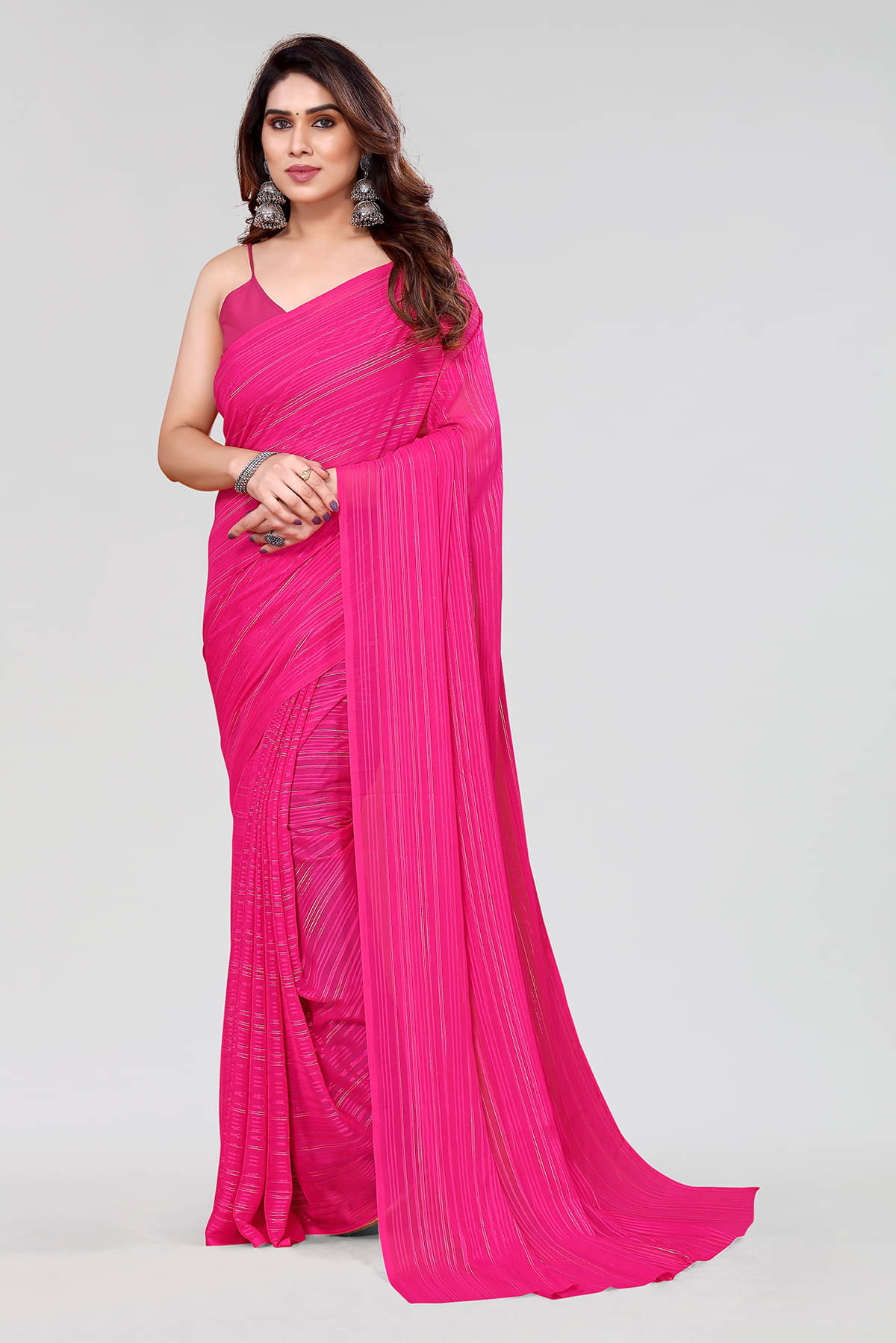     			ANAND SAREES Satin Striped Saree With Unstitched Blouse Piece ( Pink )