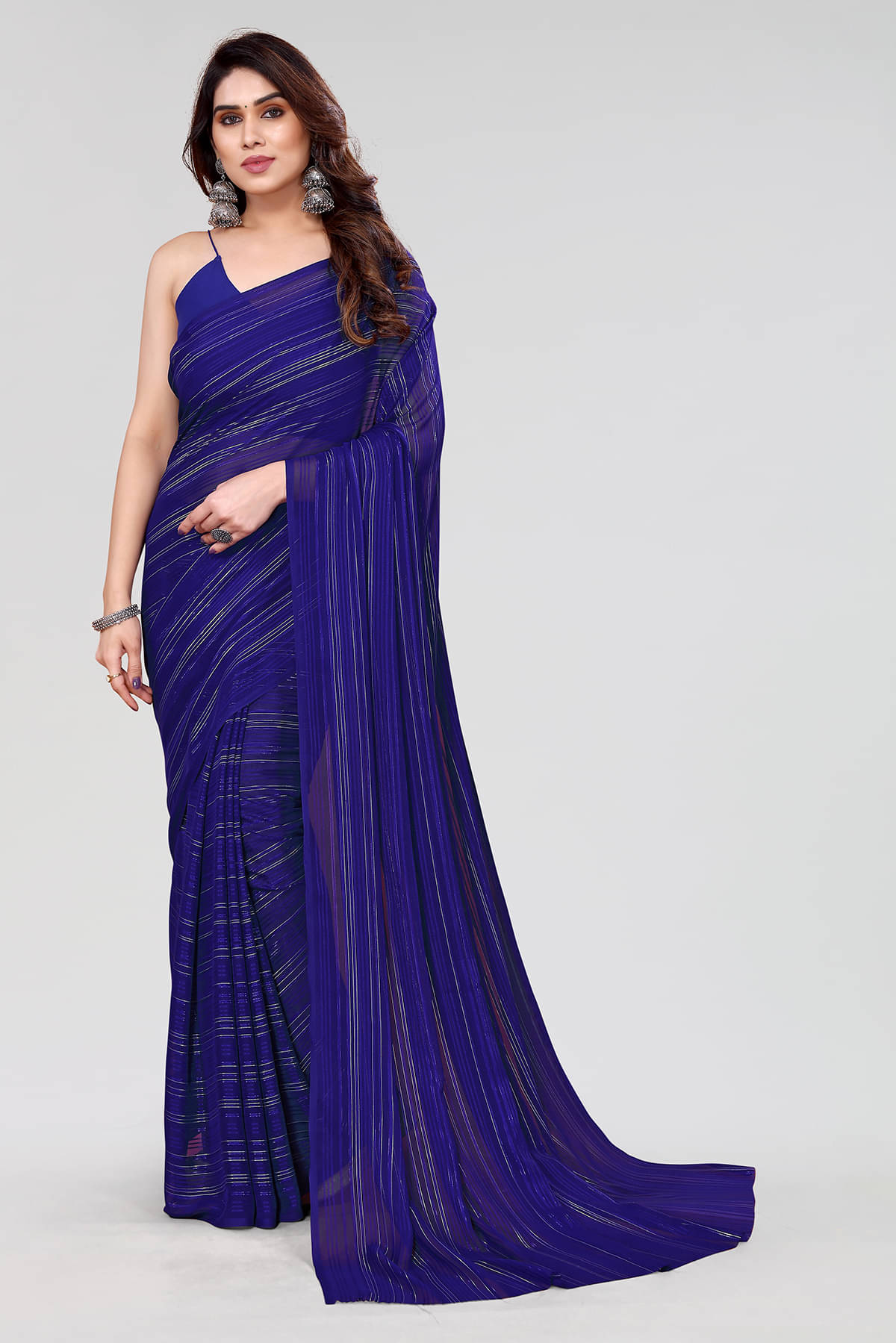 ANAND SAREES Satin Striped Saree With Unstitched Blouse Piece ( Blue ) ANAND SAREES Satin Striped Saree With Unstitched Blouse Piece ( Blue )