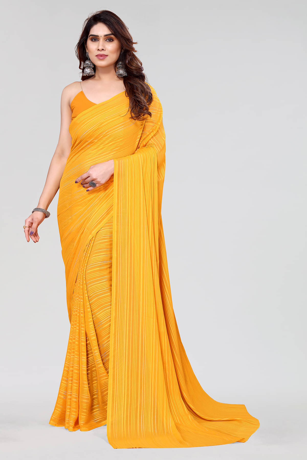 ANAND SAREES Satin Striped Saree With Unstitched Blouse Piece ( Yellow ) ANAND SAREES Satin Striped Saree With Unstitched Blouse Piece ( Yellow )