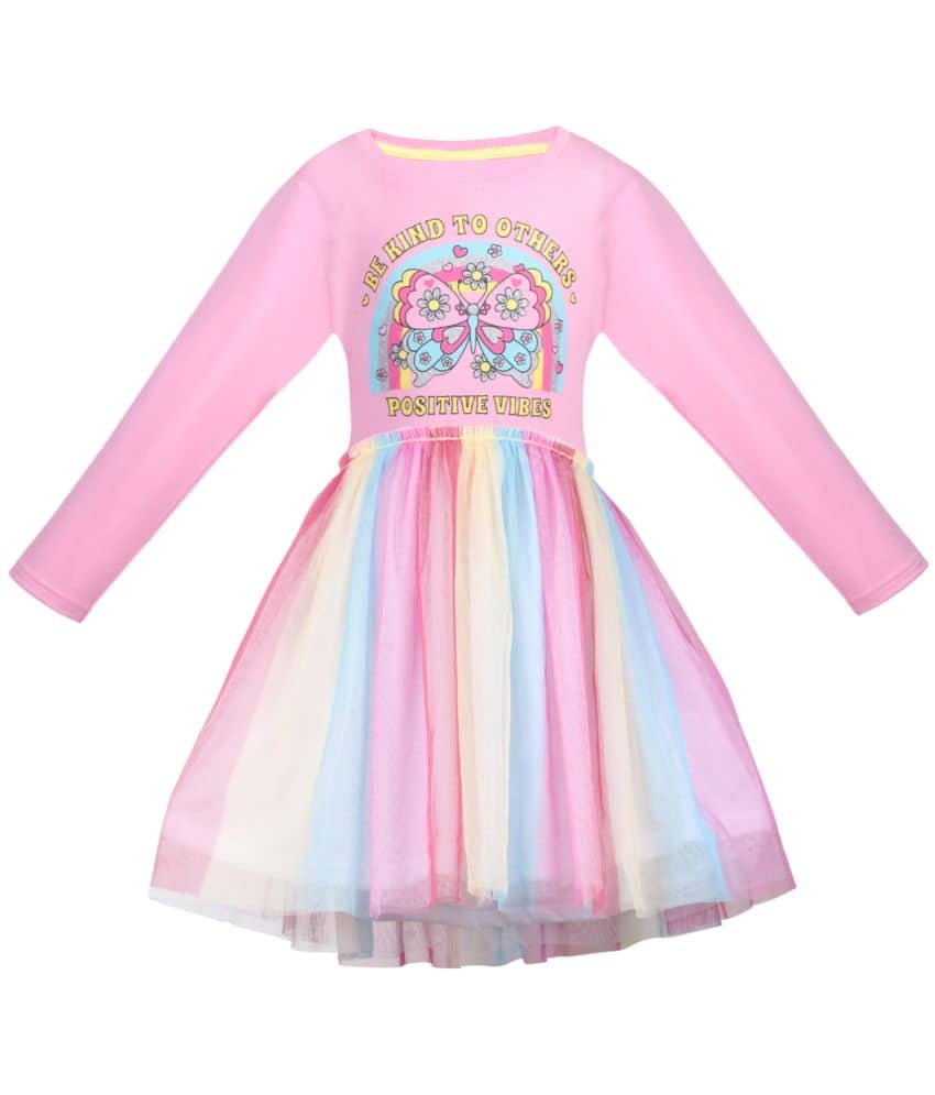 Cherry Tree Cotton Blend Fit And Flare Dress For Girls ( Pack of 1 , Pink )