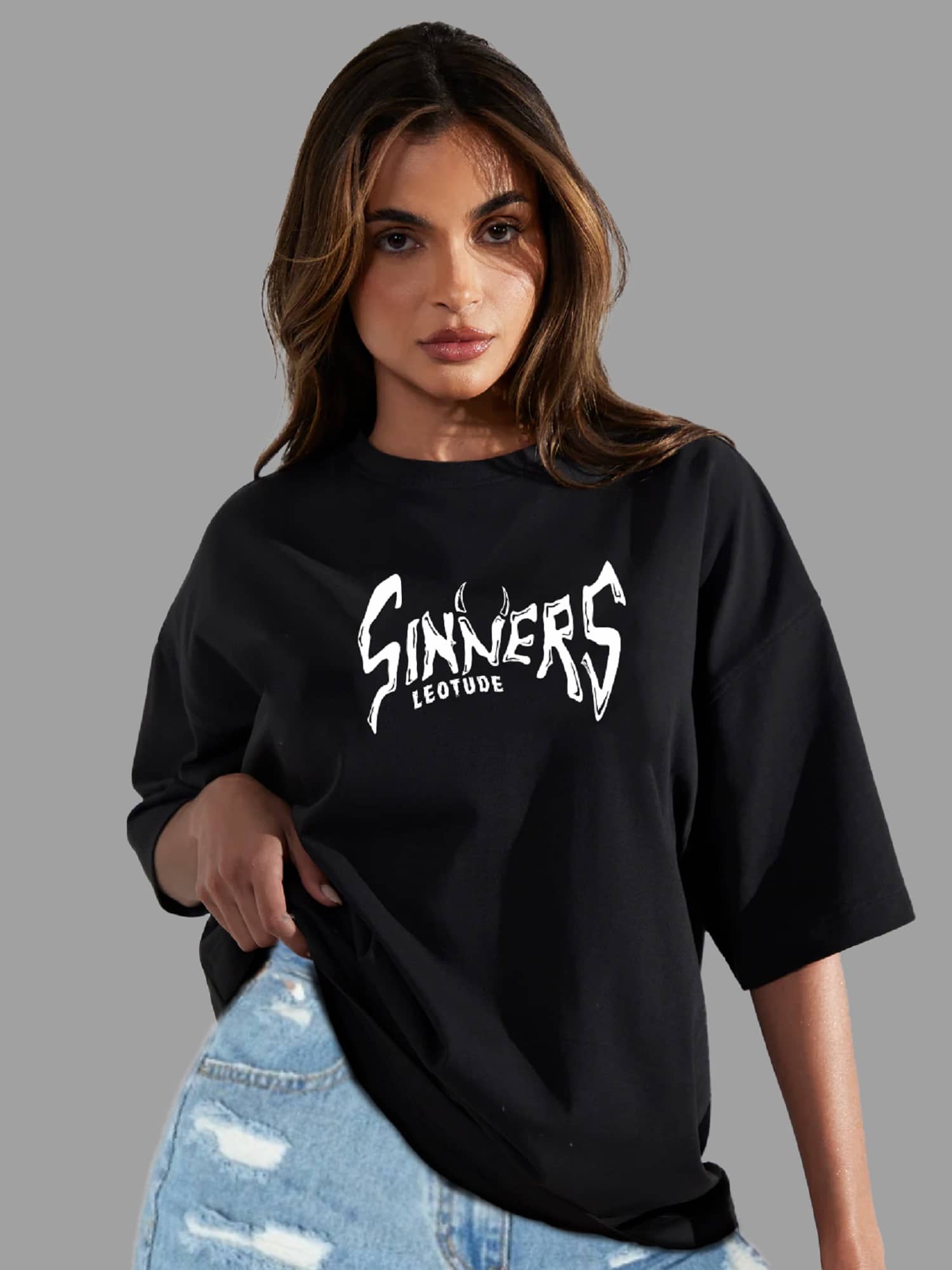 Leotude Women Cotton Blend Printed Oversized Fit Round Neck T-Shirt ( Black )