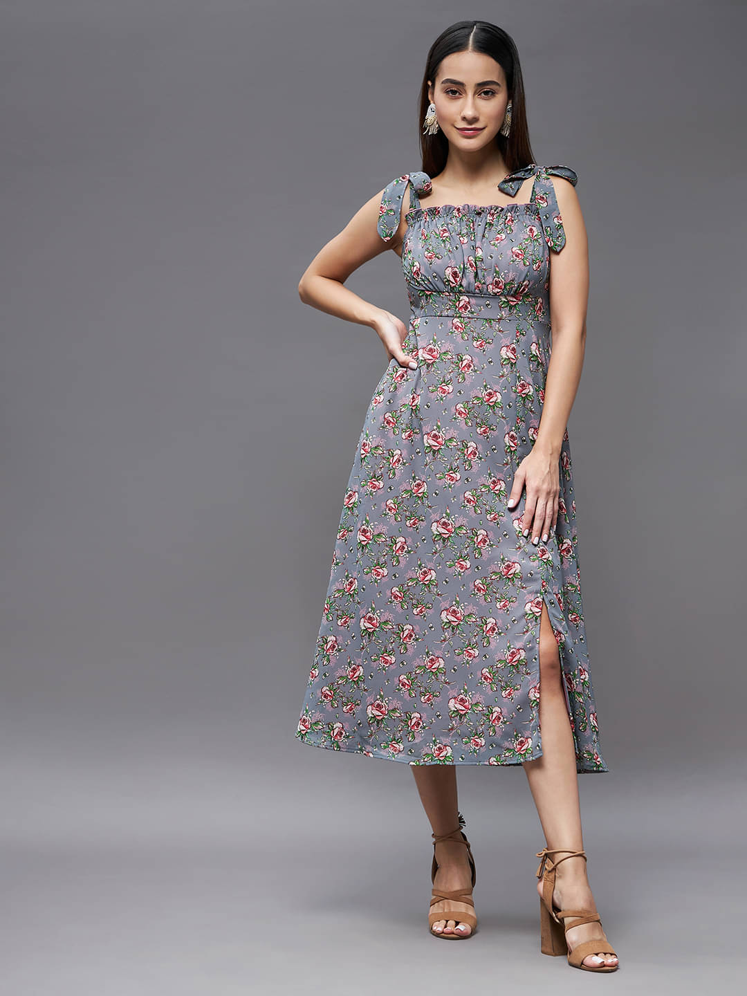 Miss Chase Women Georgette Printed Cut Out Dress ( Grey ) Miss Chase Women Georgette Printed Cut Out Dress ( Grey )