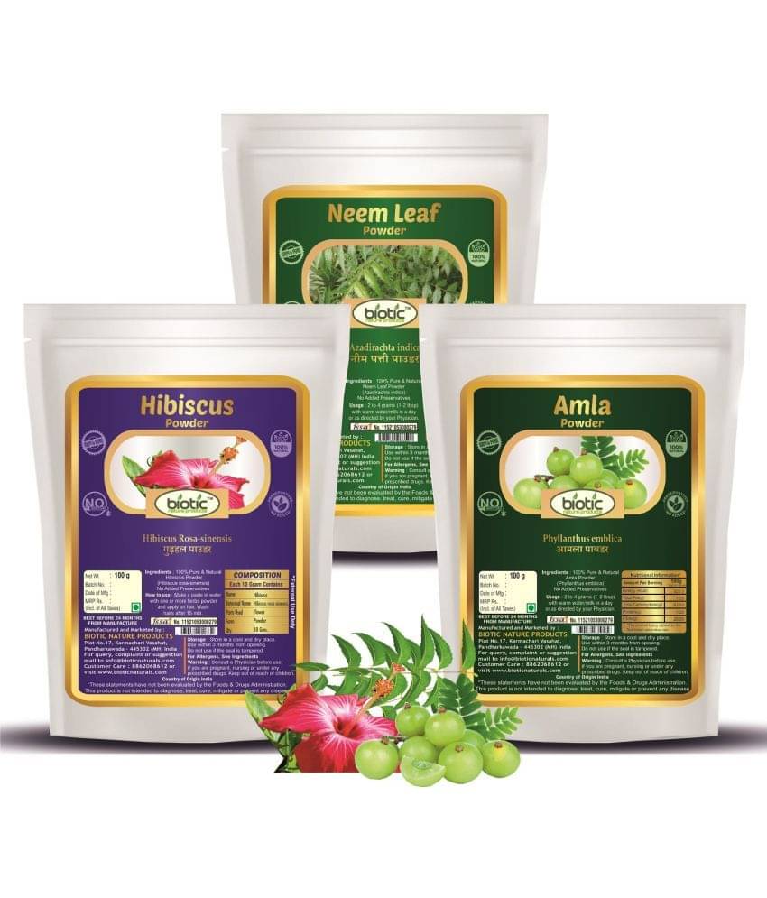 Biotic Natural Neem Leaf, Hibiscus and Amla Powder for Hair (100g each) 100 gm     			Biotic Natural Neem Leaf, Hibiscus and Amla Powder for Hair (100g each) 100 gm