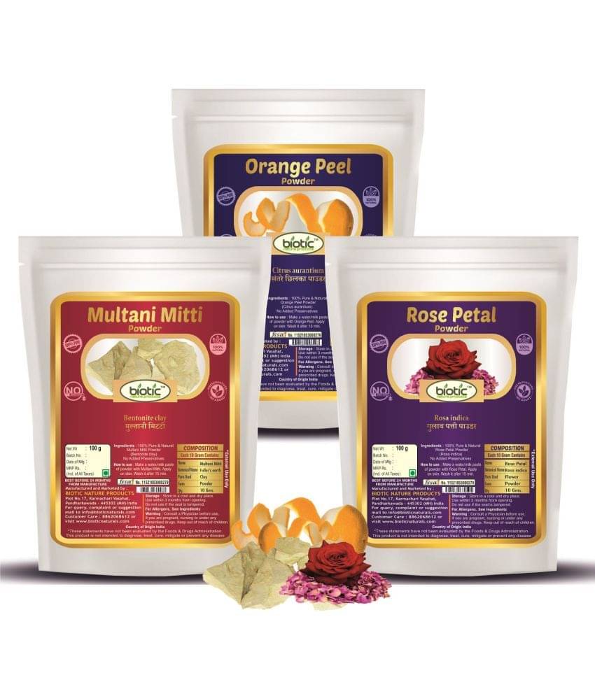 Biotic Orange Peel, Multani Mitti and Rose Petal Powder (100g each) 300 gm Biotic Orange Peel, Multani Mitti and Rose Petal Powder (100g each) 300 gm