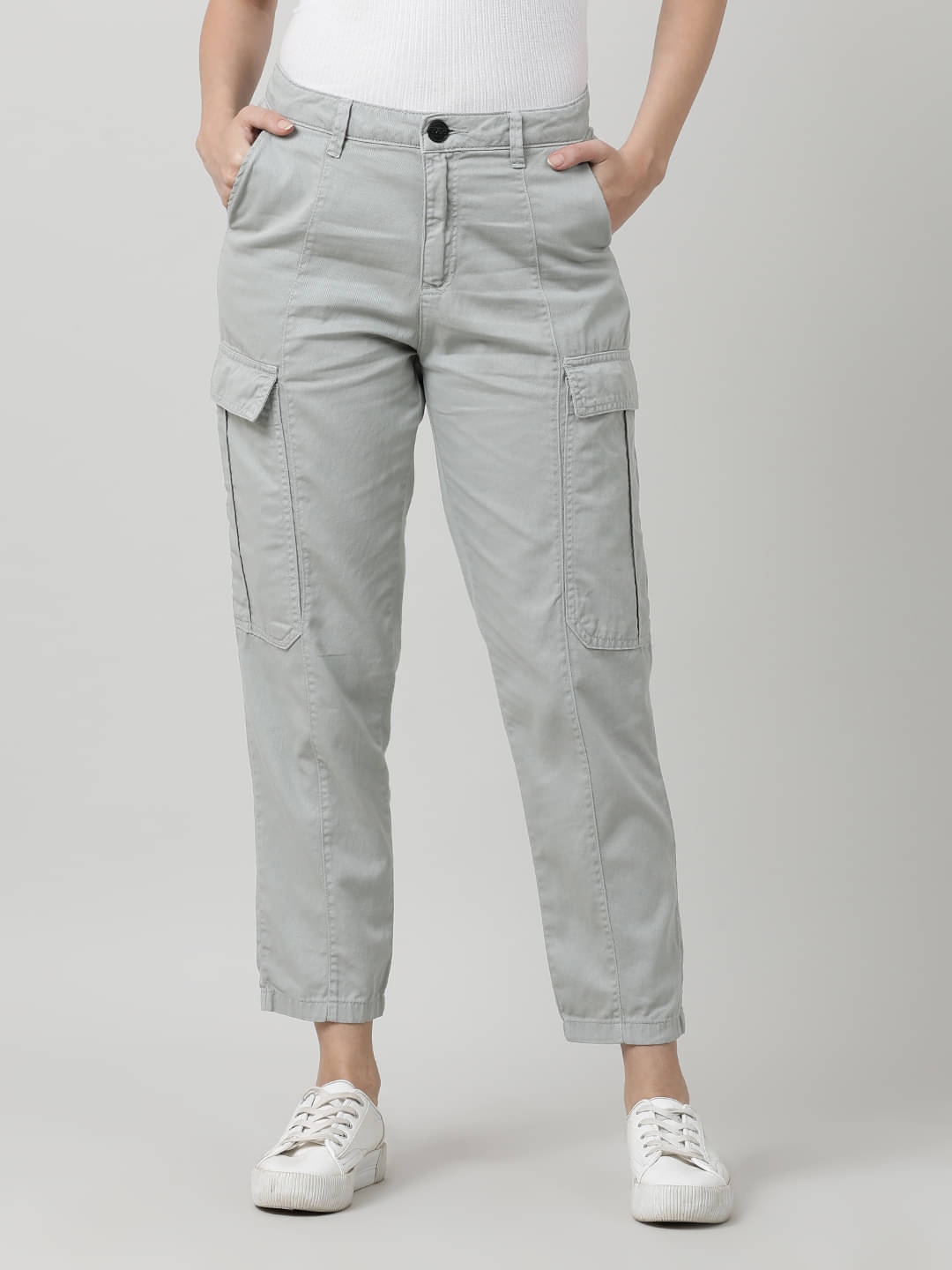     			Women Neutral Grey Regular-Fit Solid Cargo Trousers