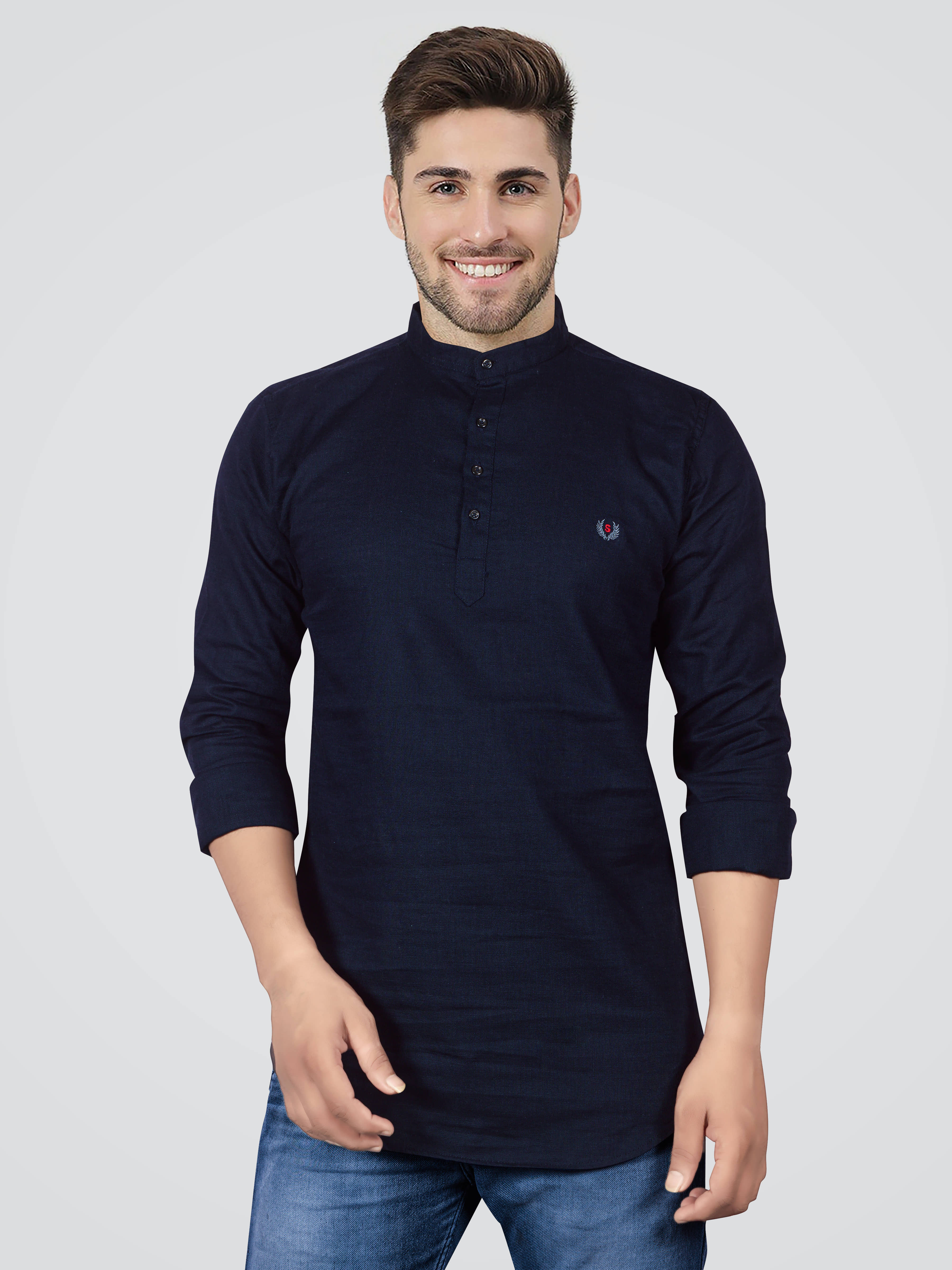 JB JUST BLACK Navy Linen Men's Shirt Style Kurta ( Pack of 1 ) - Kurtas & Kurta Sets | Buy online on ZillyBuy