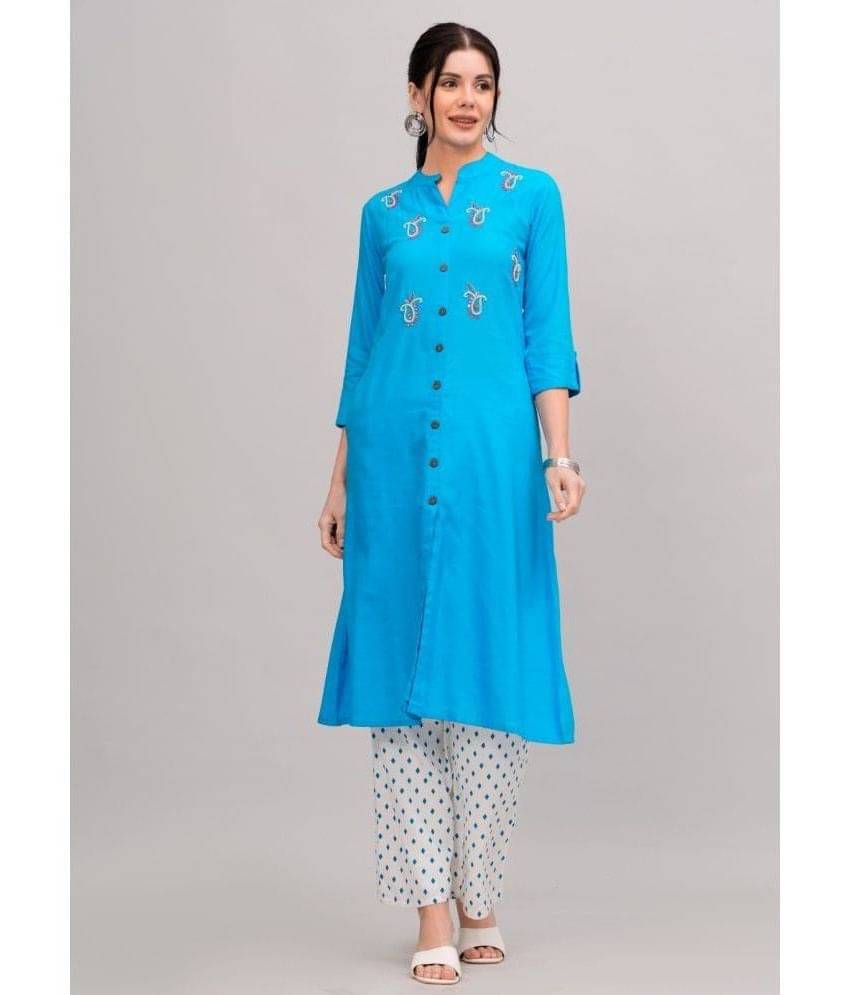 MAUKA Rayon Embellished Kurti With Palazzo Women's Stitched Salwar Suit - Blue ( Pack of 1 ) MAUKA Rayon Embellished Kurti With Palazzo Women's Stitched Salwar Suit - Blue ( Pack of 1 )
