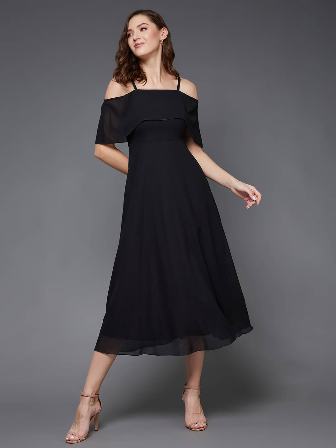 Miss Chase Women Georgette Solid Fit & Flare Dress ( Black ) Miss Chase Women Georgette Solid Fit & Flare Dress ( Black )
