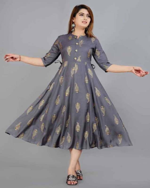 NUPITAL Rayon Printed Anarkali Women's Kurti - Grey ( Pack of 1 ) - Kurtis, Tunics | Buy online on ZillyBuy