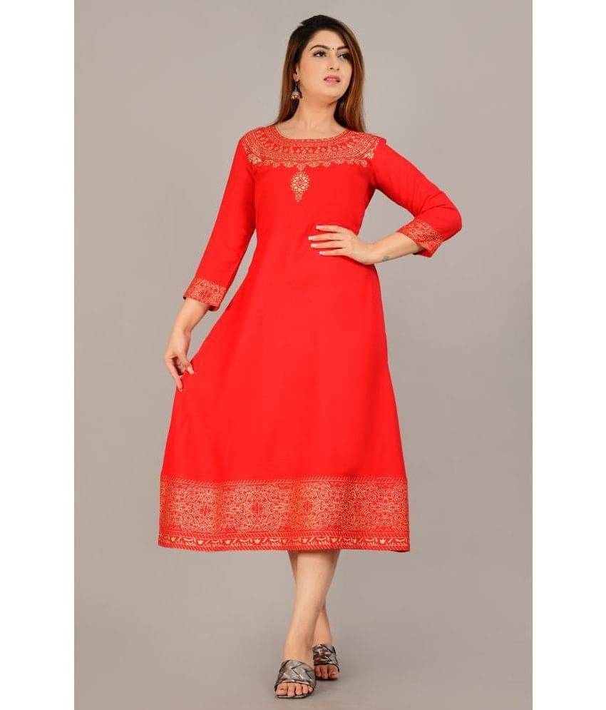 NUPITAL Rayon Printed Flared Women's Kurti with Dupatta - Red ( Pack of 1 ) NUPITAL Rayon Printed Flared Women's Kurti with Dupatta - Red ( Pack of 1 )