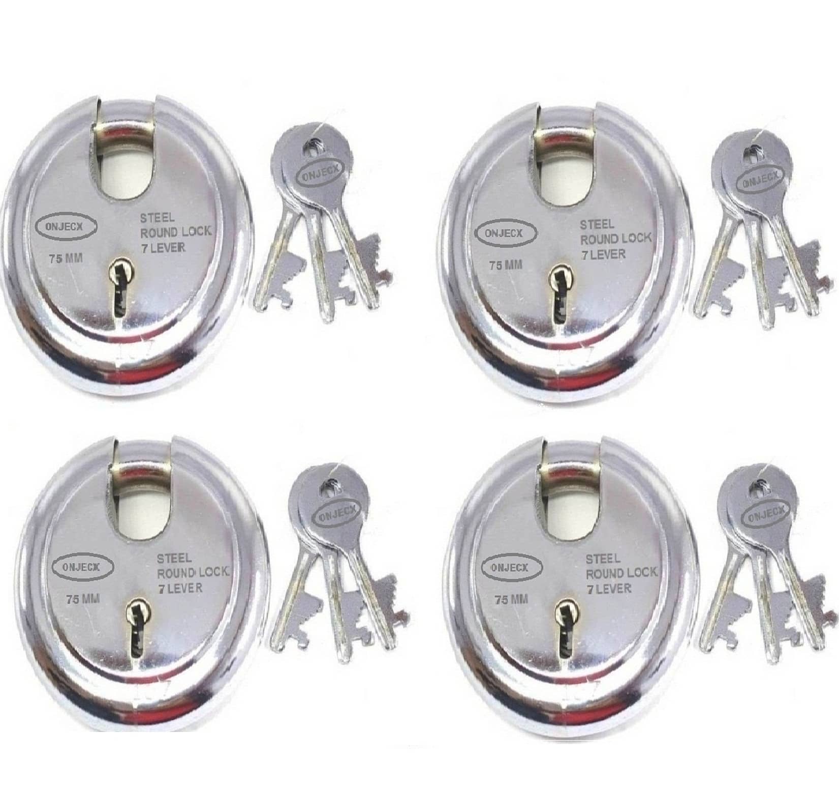 ONJECX Steel Primium Range Lock 7 Levers 75 mm Heavy Duty Padlock , Sutter Lock, Round Lock Long Life Durable with 3 Keys for Main Gate, Office Door, Shop Shutter Pack of 4 pcs (RPL754)
