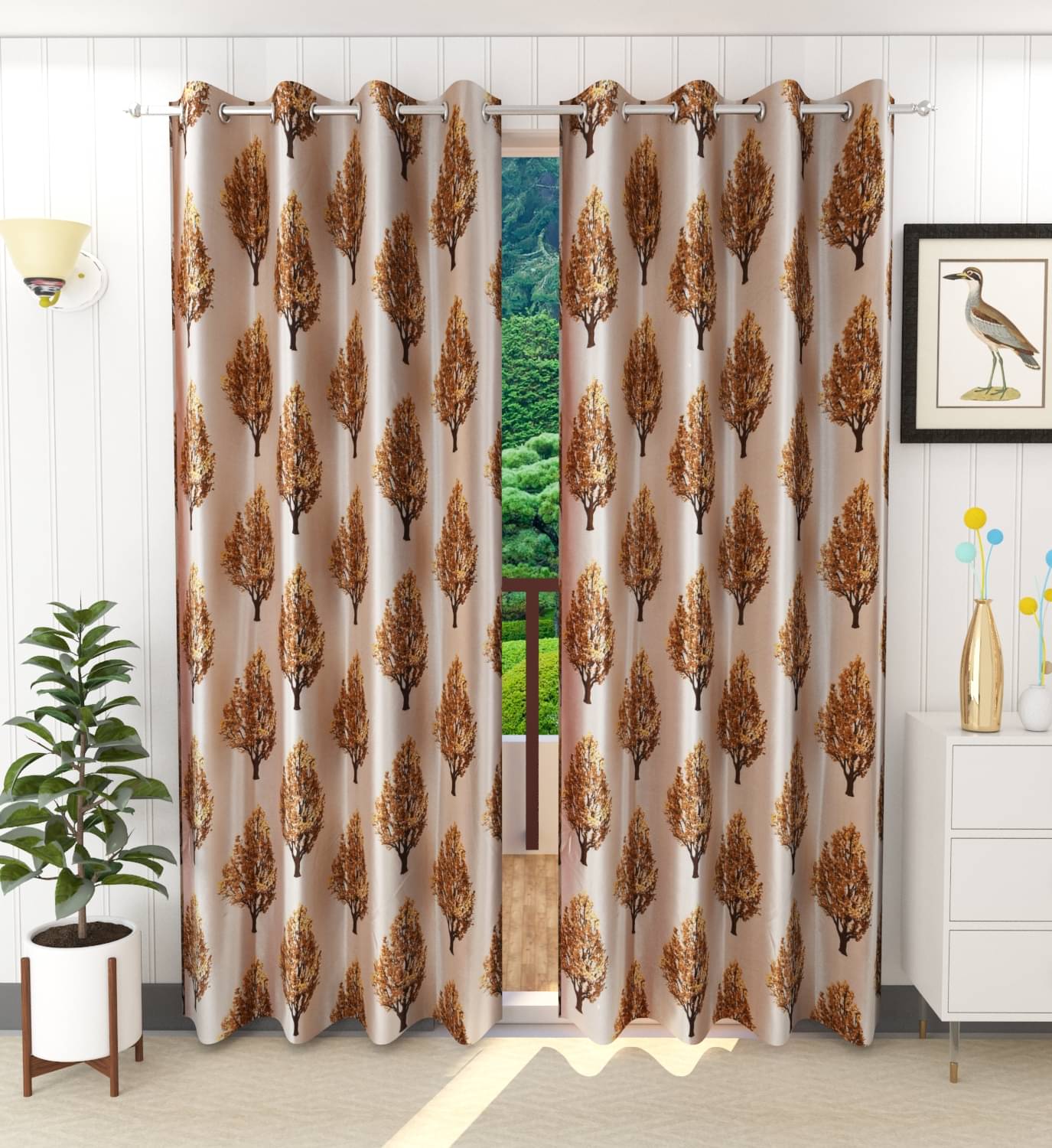     			Stella Creations Abstract Printed Room Darkening Eyelet Curtain 9 ft ( Pack of 2 ) - Brown