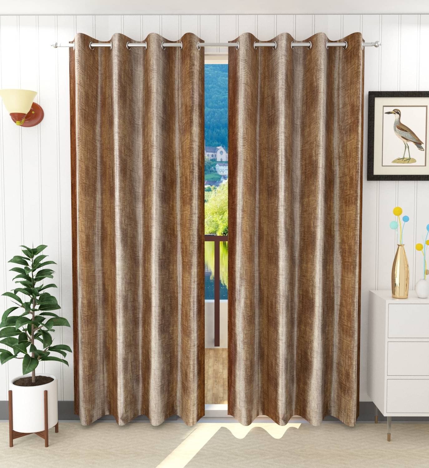     			Stella Creations Abstract Printed Room Darkening Eyelet Curtain 7 ft ( Pack of 2 ) - Brown