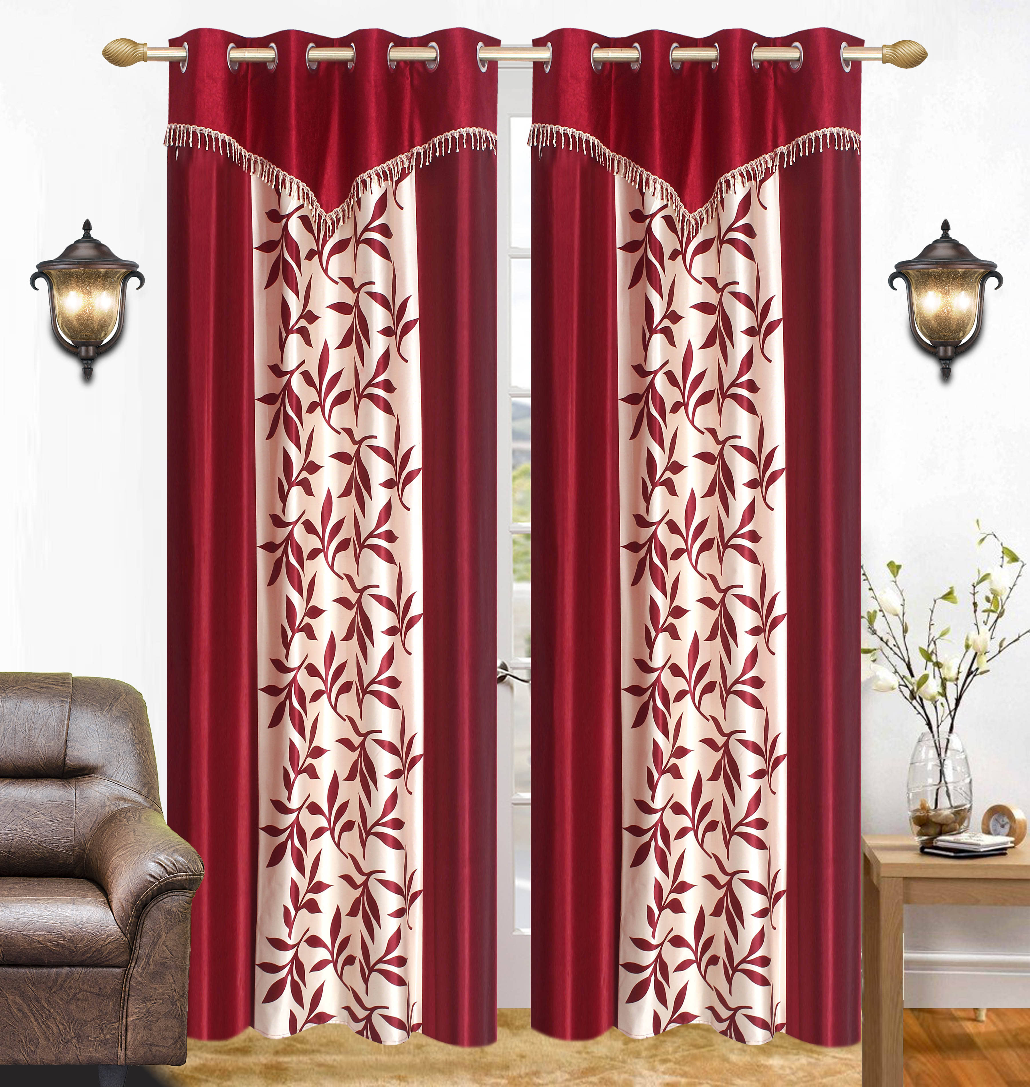 Stella Creations Floral Semi-Transparent Eyelet Curtain 7 ft ( Pack of 2 ) - Purple