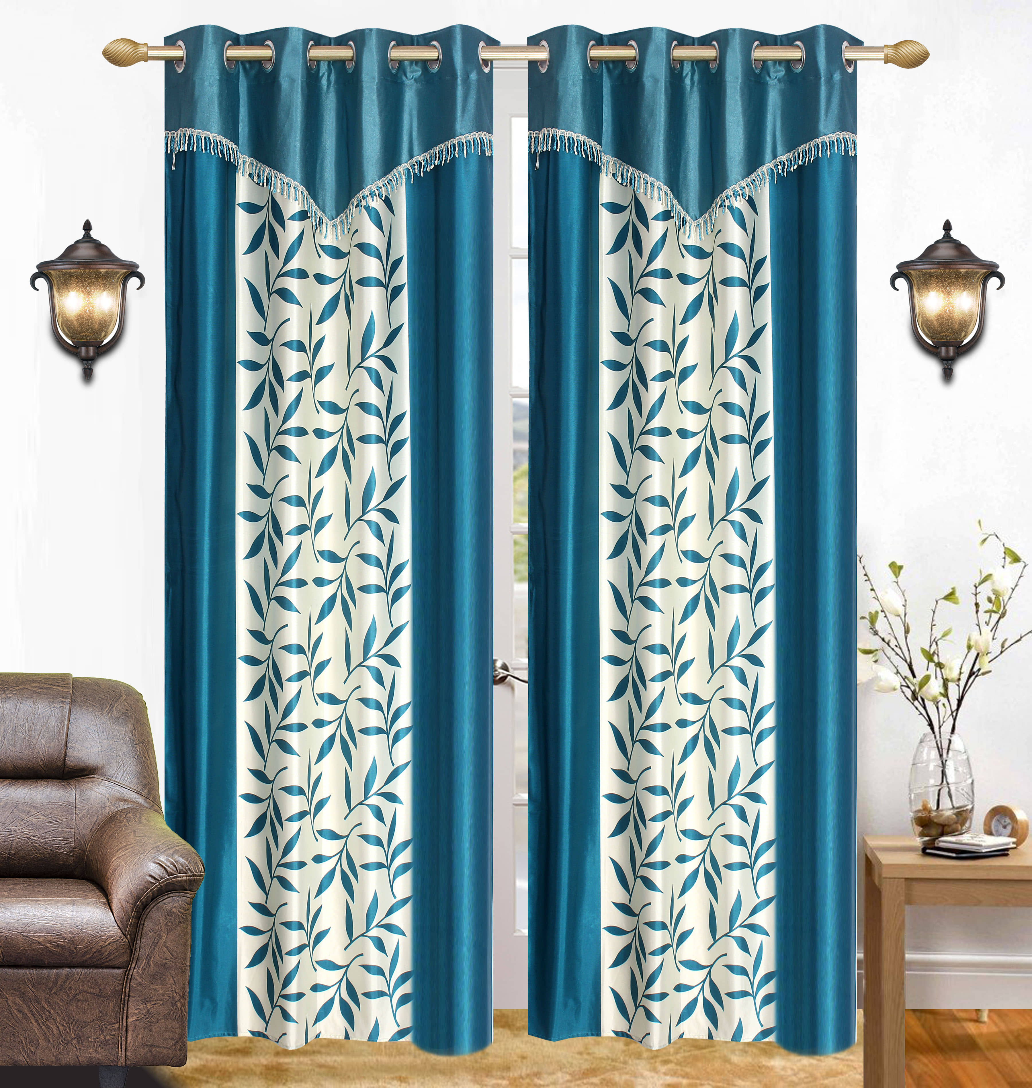 Stella Creations Floral Semi-Transparent Eyelet Curtain 9 ft ( Pack of 3 ) - Light Blue