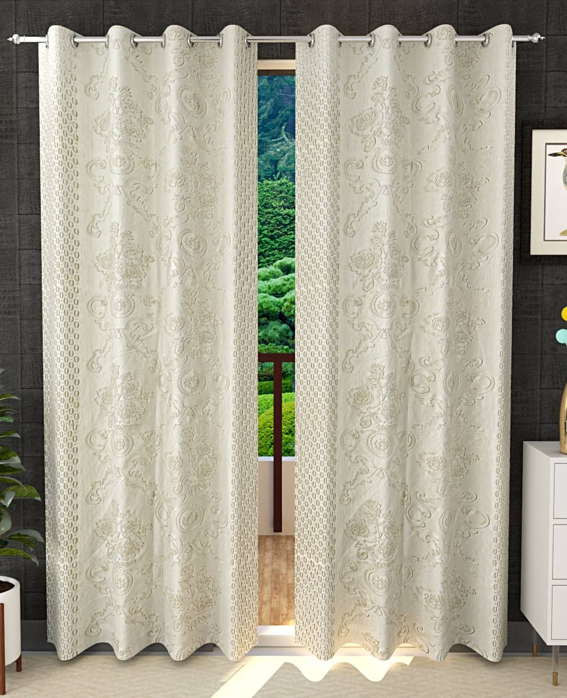 Stella Creations Solid Room Darkening Eyelet Curtain 7 ft ( Pack of 2 ) - Cream