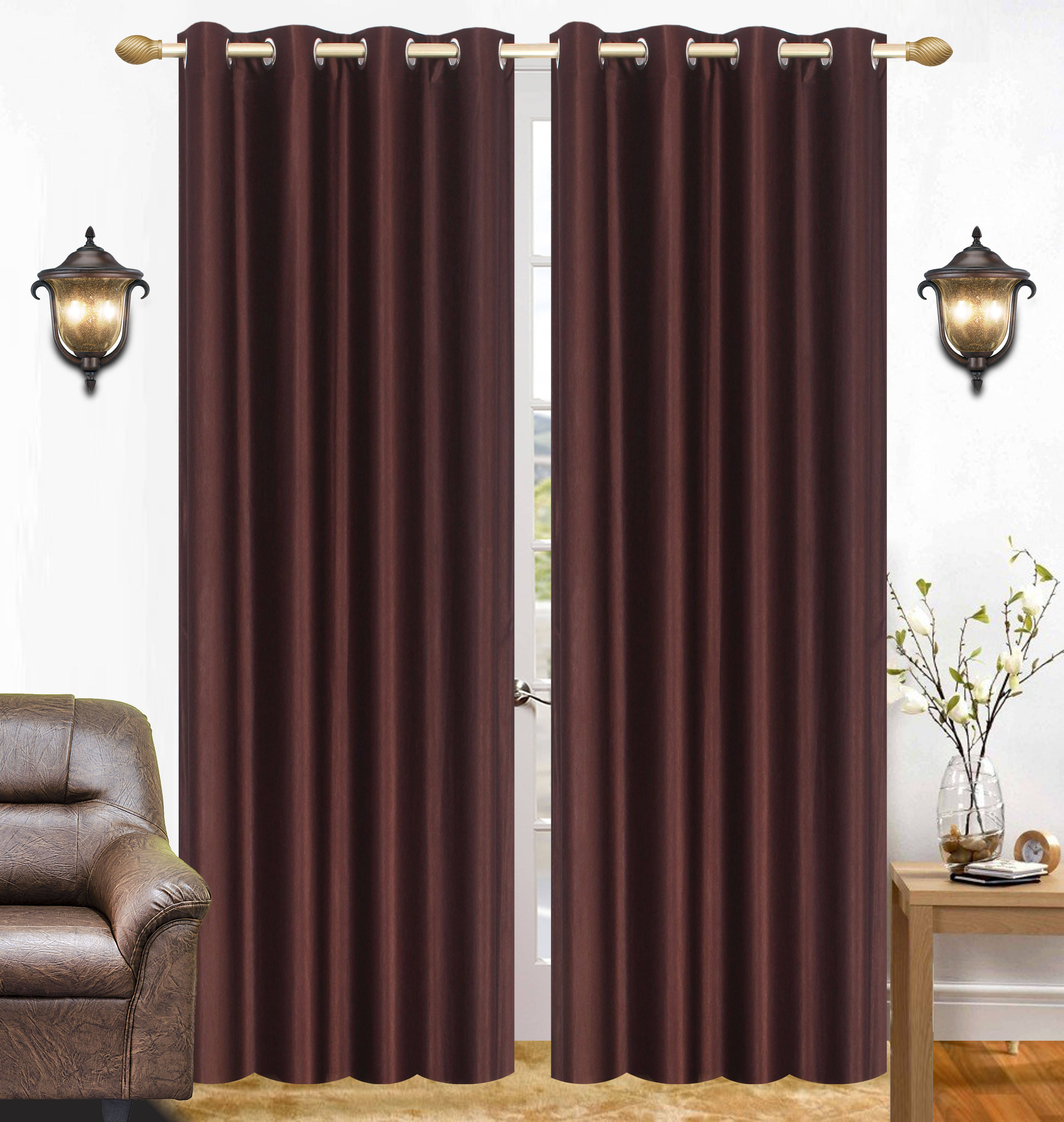    			Stella Creations Solid Semi-Transparent Eyelet Curtain 7 ft ( Pack of 2 ) - Brown