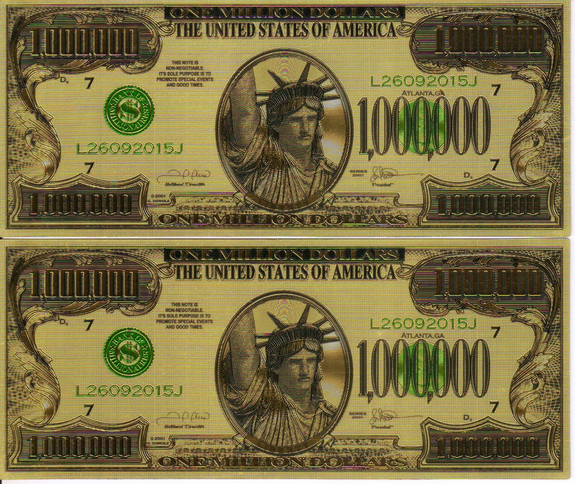     			1 Million US Dollar Bill 24 Kt Gold Plated 2 notes